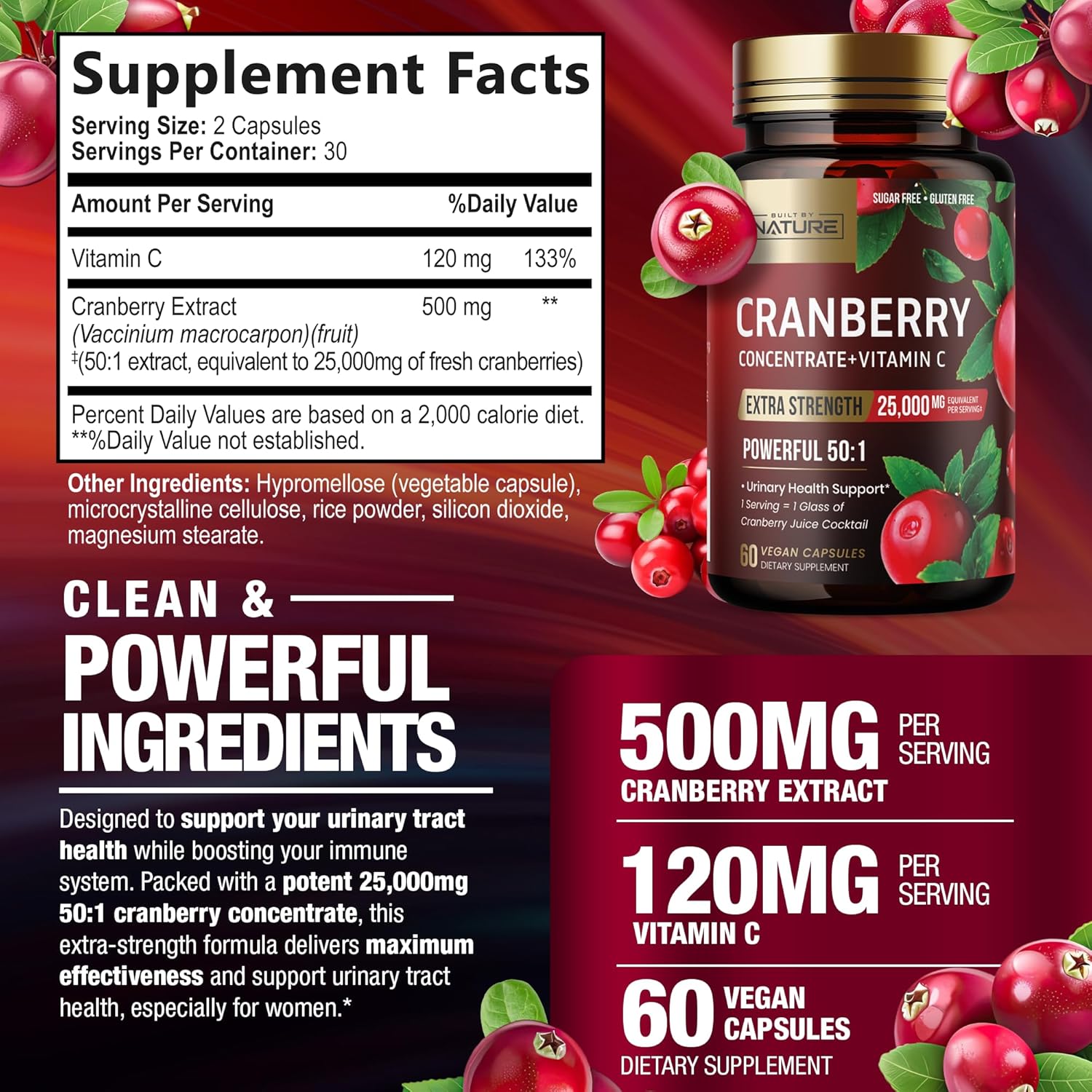 Built by Nature Cranberry Pills 25,000mg - Extra Strength 50:1 Concentrate Extract with Vitamin C - Urinary Tract Health Supplement for Women - Non-GMO, Sugar Free, Vegan - 60 Capsules - Image 7