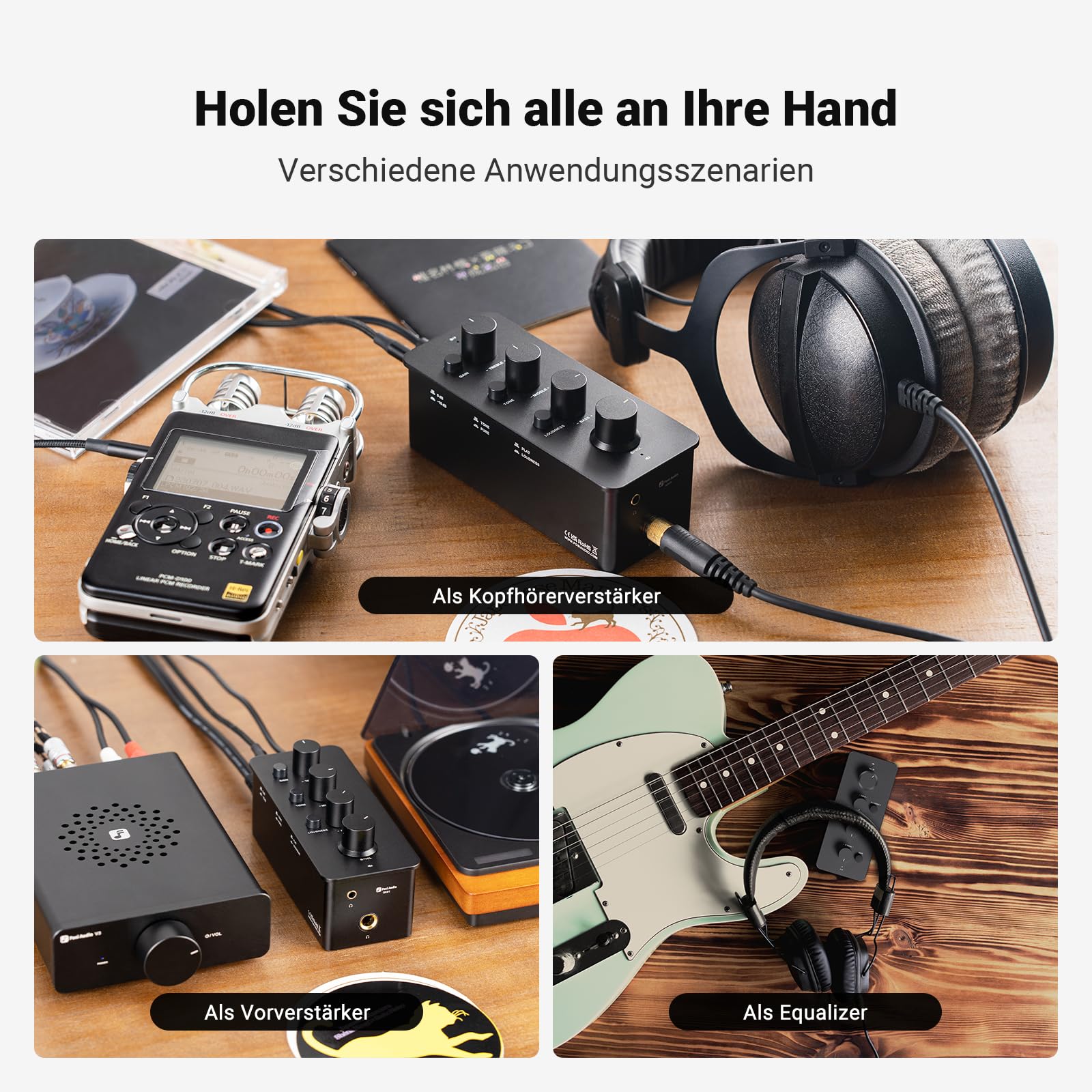Fosi Audio SK01 Hi-Fi Kopfhörer-Verstärker, Equalizer Vorverstärker mit Bass Mittel Höhen Klangregler & Loudness-Kompensation, tragbarer Klass-A Analog Verstärker für 3,5mm & 6,35mm Buchsen E Gitarre
