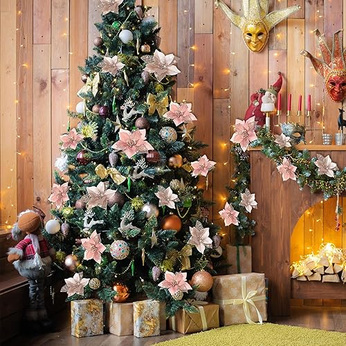 Vista 12 de Boao 24 Pieces Christmas Artificial Glitter Poinsettia Flowers Xmas Flowers Wedding Christmas Tree New Year Ornaments(Green)