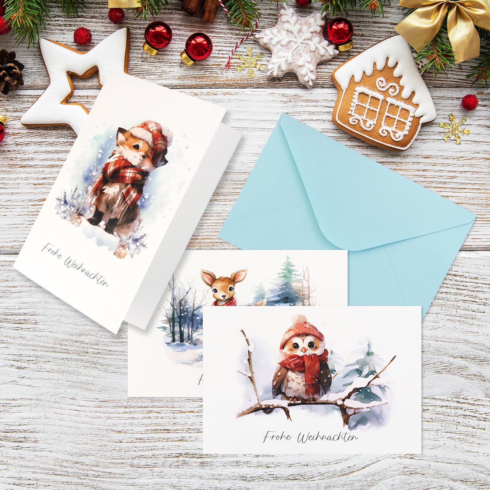 Cartoline di Natale con buste (set da 15). Biglietti pieghevoli con renna per i migliori auguri di Natale. Frohe Weihnachten (lingua tedesca) 15