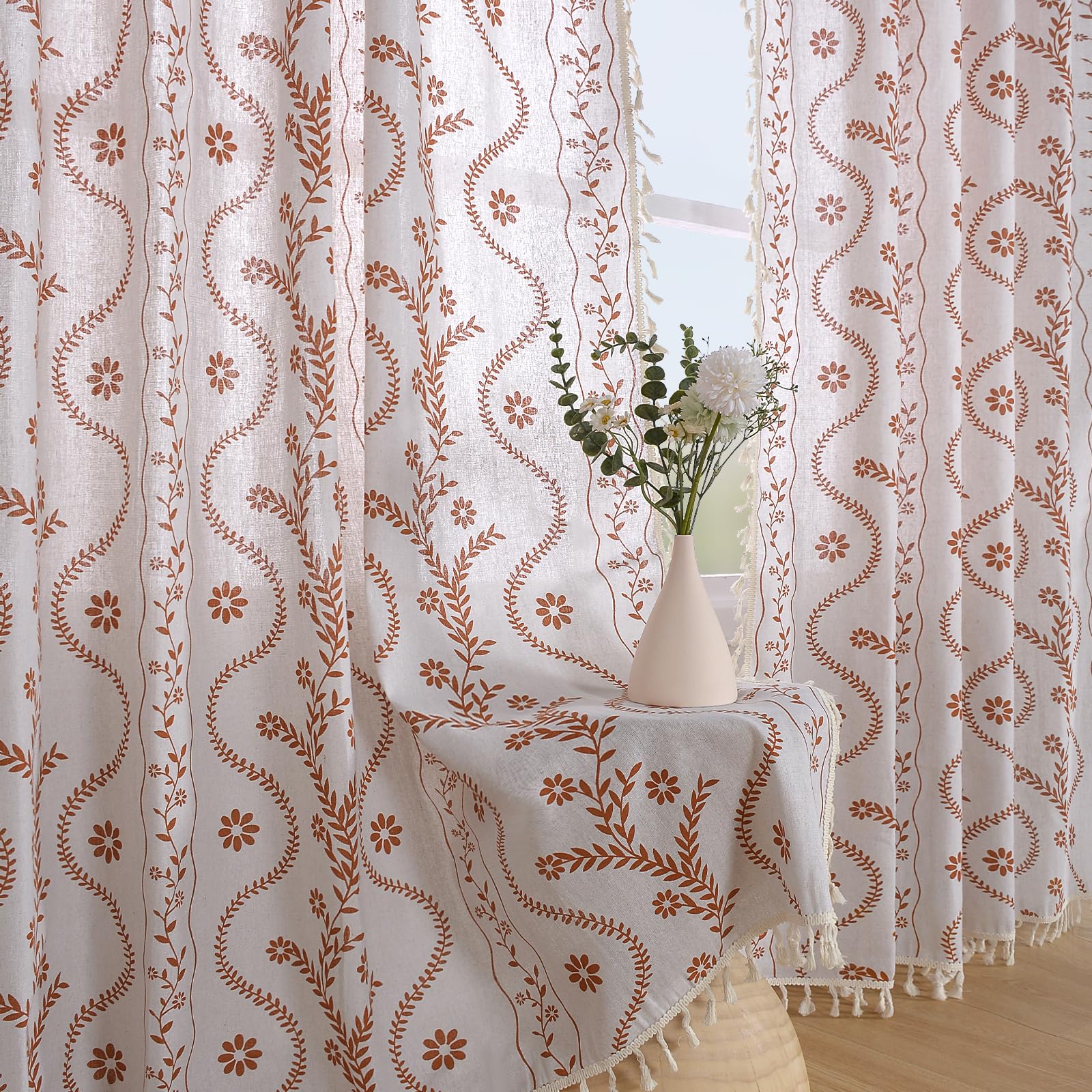 Schweek Boho Floral 63 Inches Long Semi Sheer Curtains 2 Panels for Bedroom