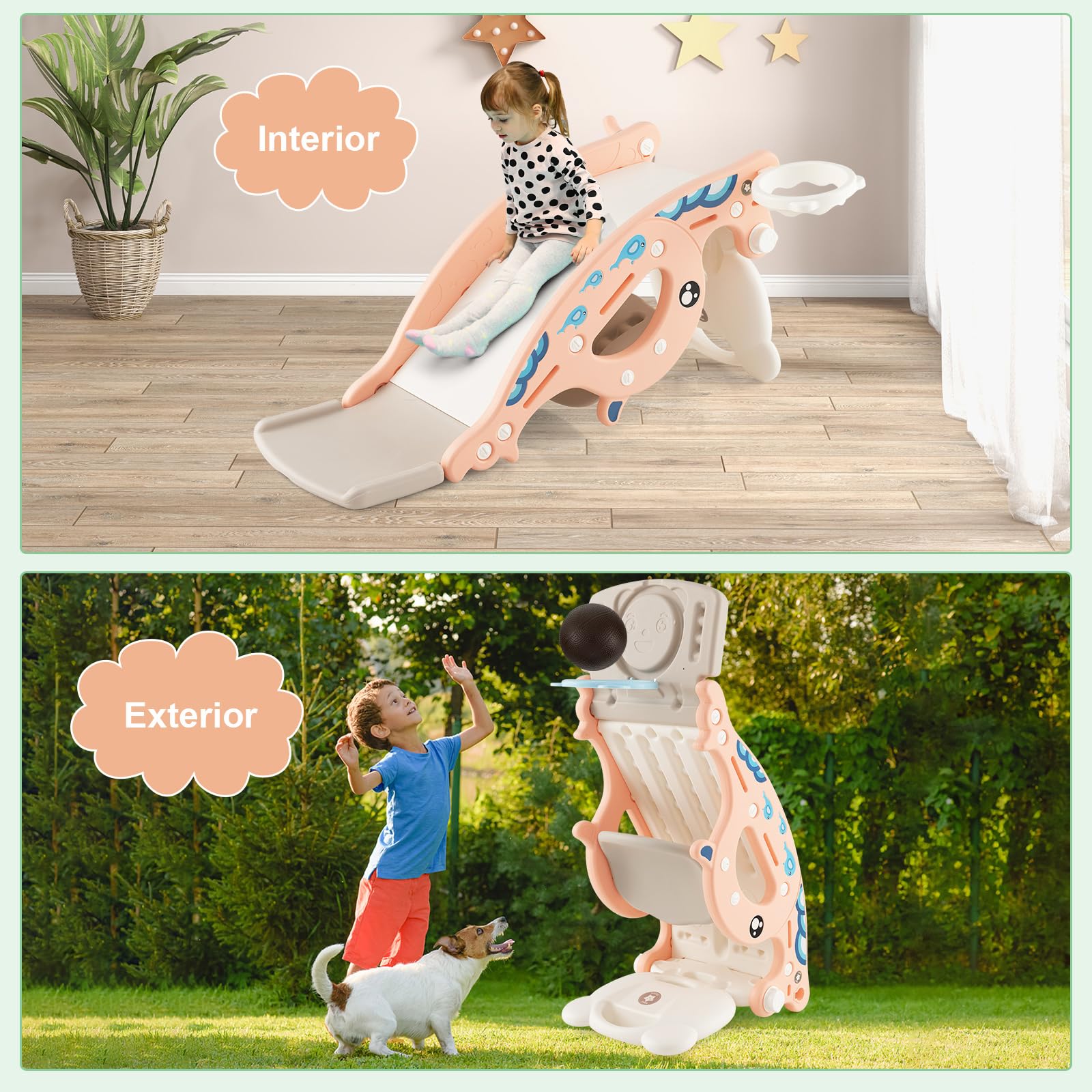 COSTWAY Tobogán Infantil Plegable 4 en 1, Tobogán para Niños con Canasta de Baloncesto y Escalera, Tobogán Multifuncional para Niños con Anillos, Caballo Balancín para Niños (Rosa, Oso)