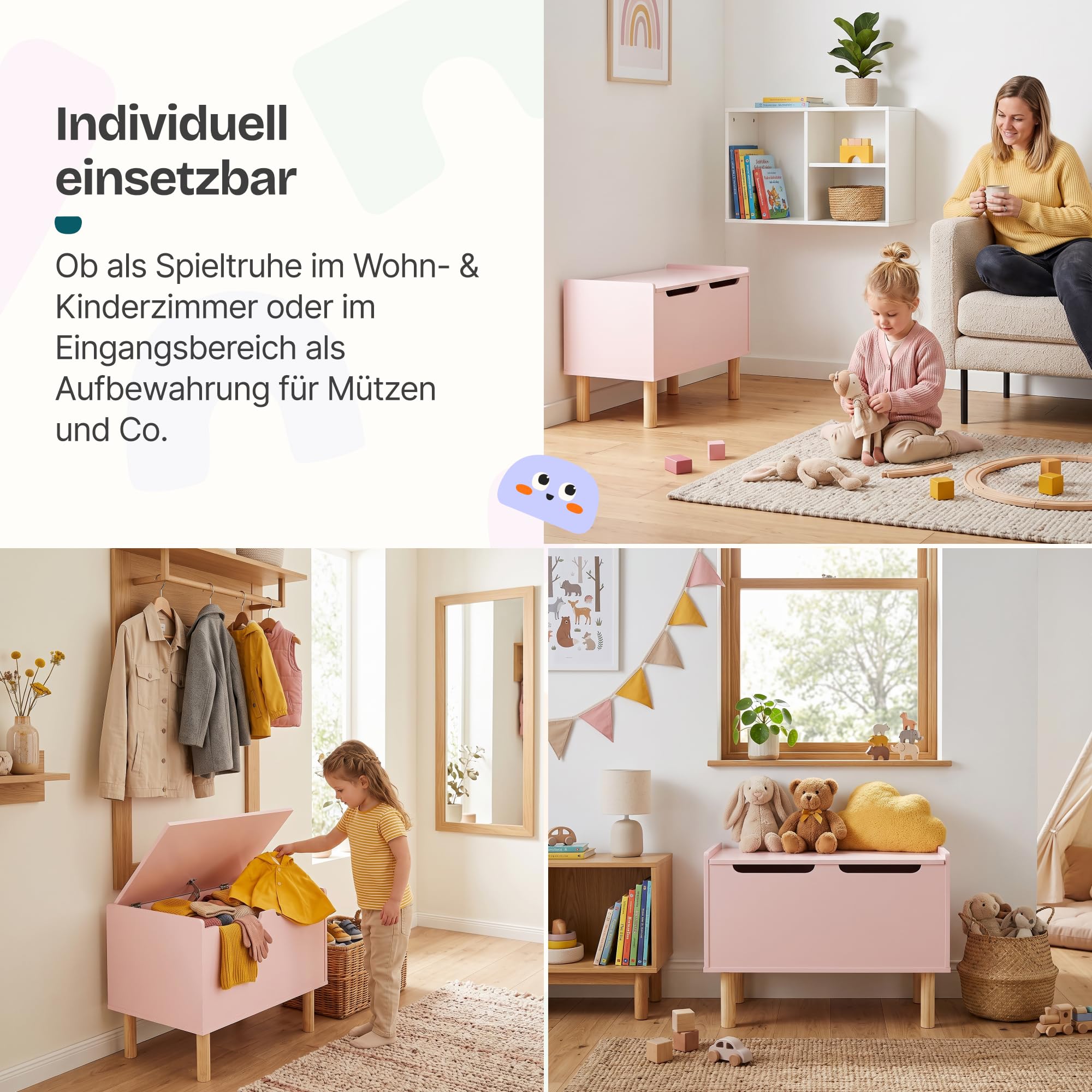 [en.casa] Spielzeugkiste mit Deckel Virer Kuscheltier Aufbewahrung Kinderzimmer Truhe Spielzeugbox 60 x 40 x 45 cm Aufbewahrungsbox Holzbeine Rosa