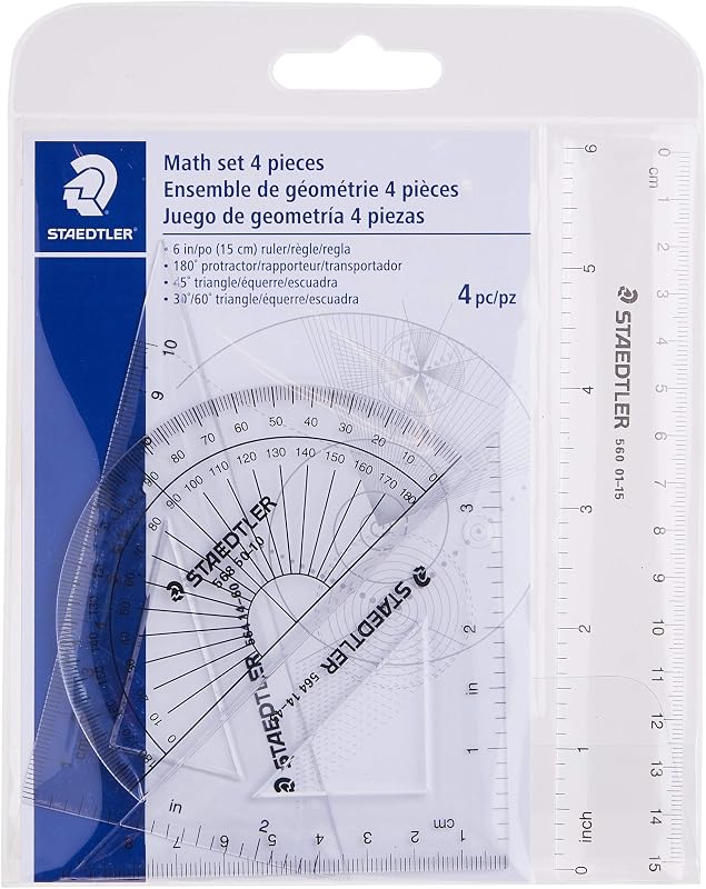 Math Set - 4 pc Geometry Kit for Students - School Supplies with Clear Protractor, 6in Ruler & 2 Triangles – Metric & Imperial Scales
