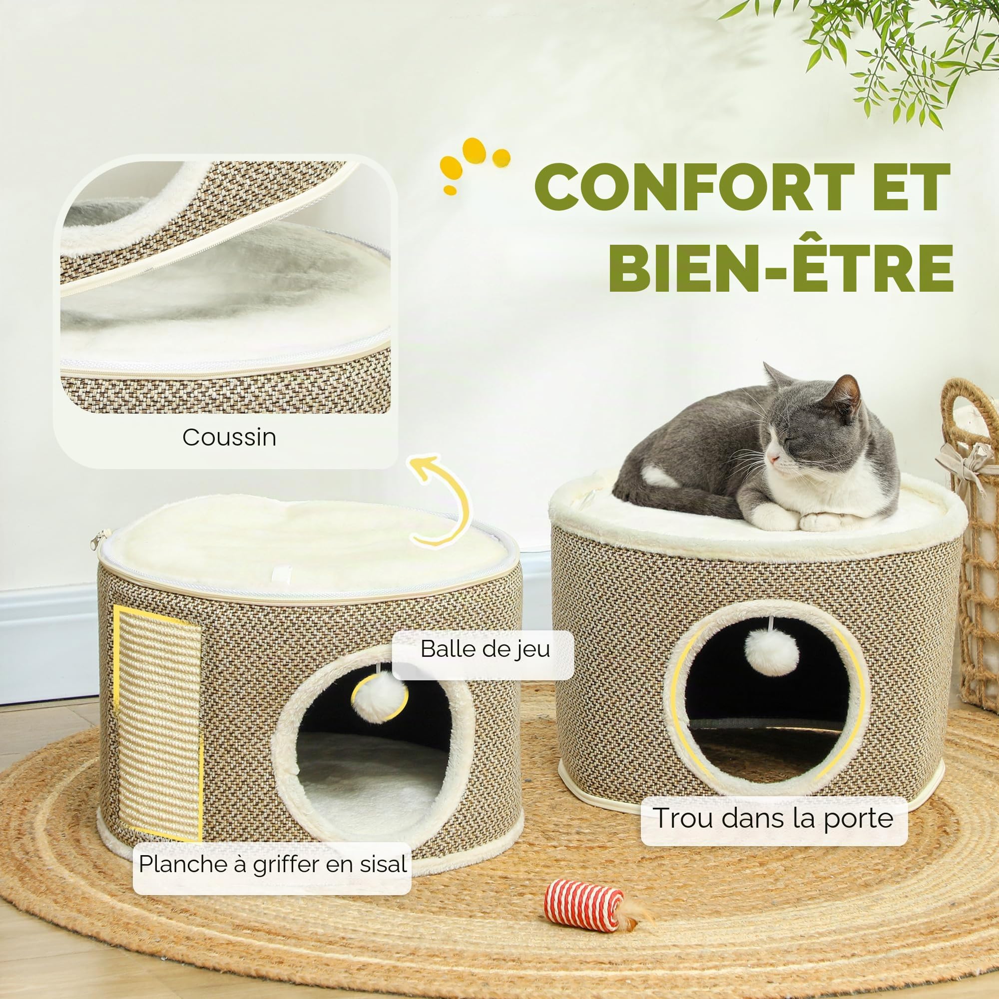 PawHut Tonneau à chat en sisal de 56 cm de haut avec grotte, arbre à chat, tour de chat, pour chat jusqu'à 5 kg, café