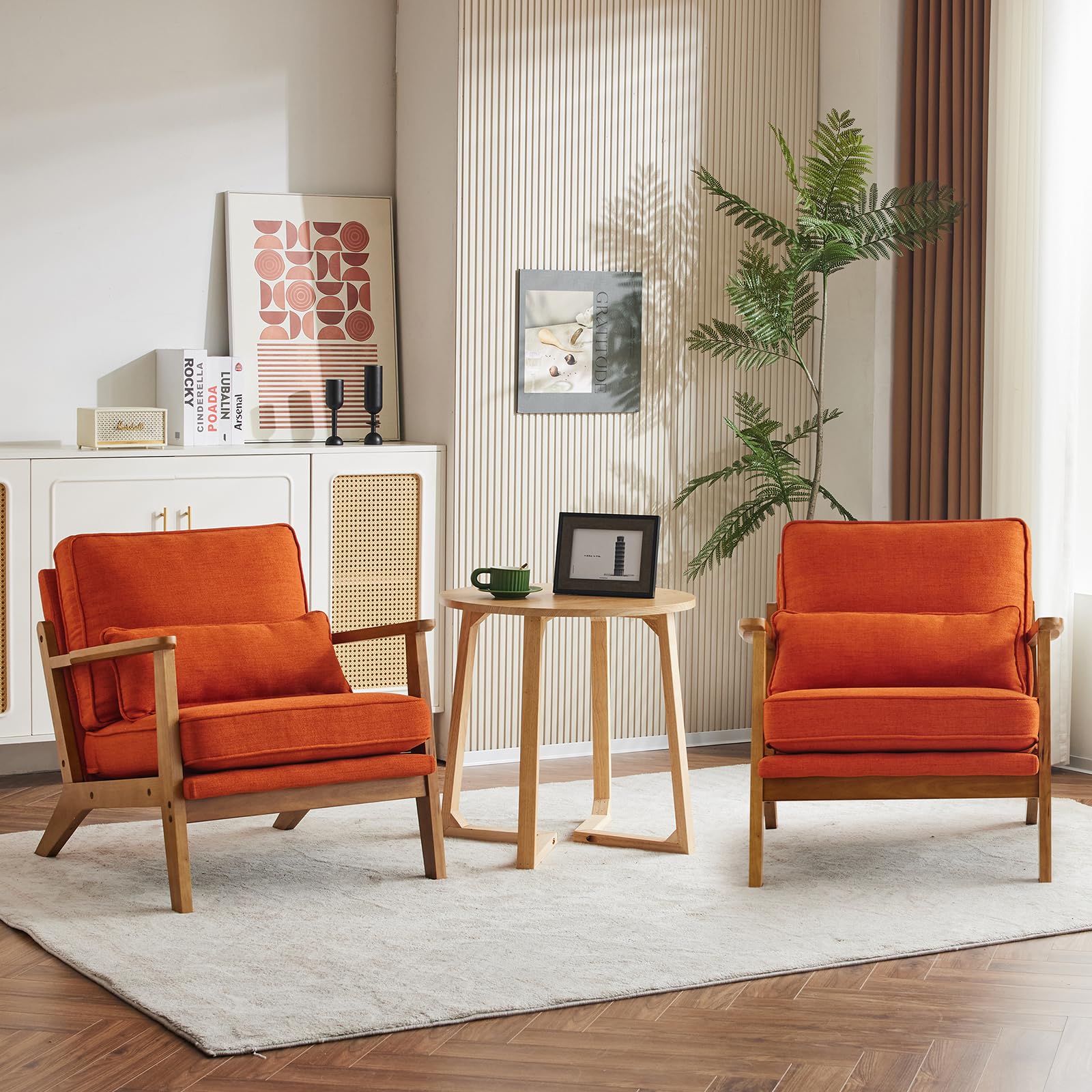 Bonnlo Accent Chair, Soild Wood Padding Lounge Armchairs Set of 2, Occasional Reading Chair with Cushions and Lumbar Pillow, Armchairs for Living Room, Bedroom, Guest Room,Wide Arm, Fabric, Orange