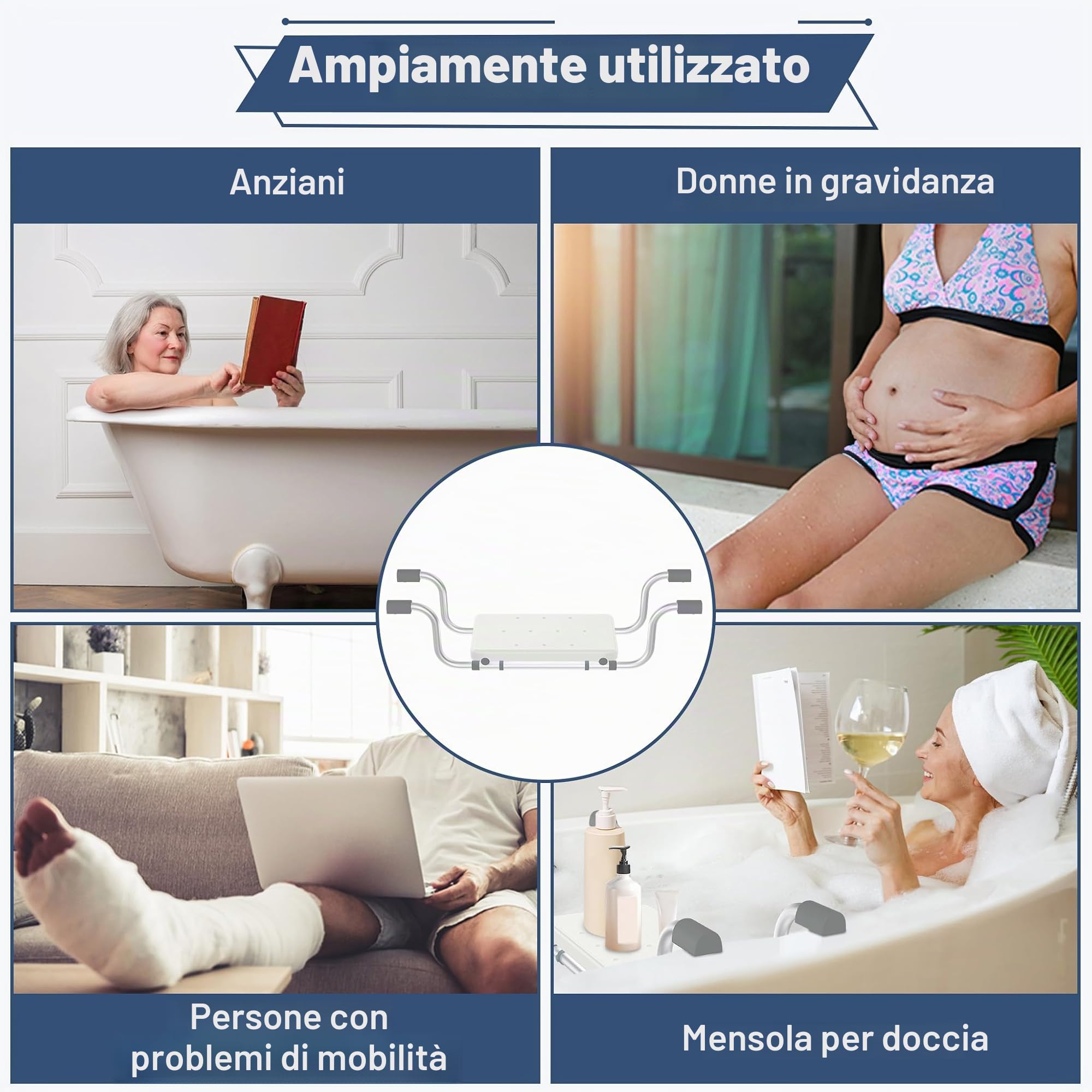 FIVMEN Sedile per Vasca da Bagno per Anziani Adulti, Sedile per Vasca Estensibile 72-82 cm Antiscivolo, Capacità fino a 150 kg, Colore: Bianco