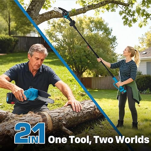 Miniatura 4 de JOVANT Mini motosierra eléctrica 2 en 1 de 6 pulgadas para podar árboles, motosierra inalámbrica con batería con poste de extensión, cortador de