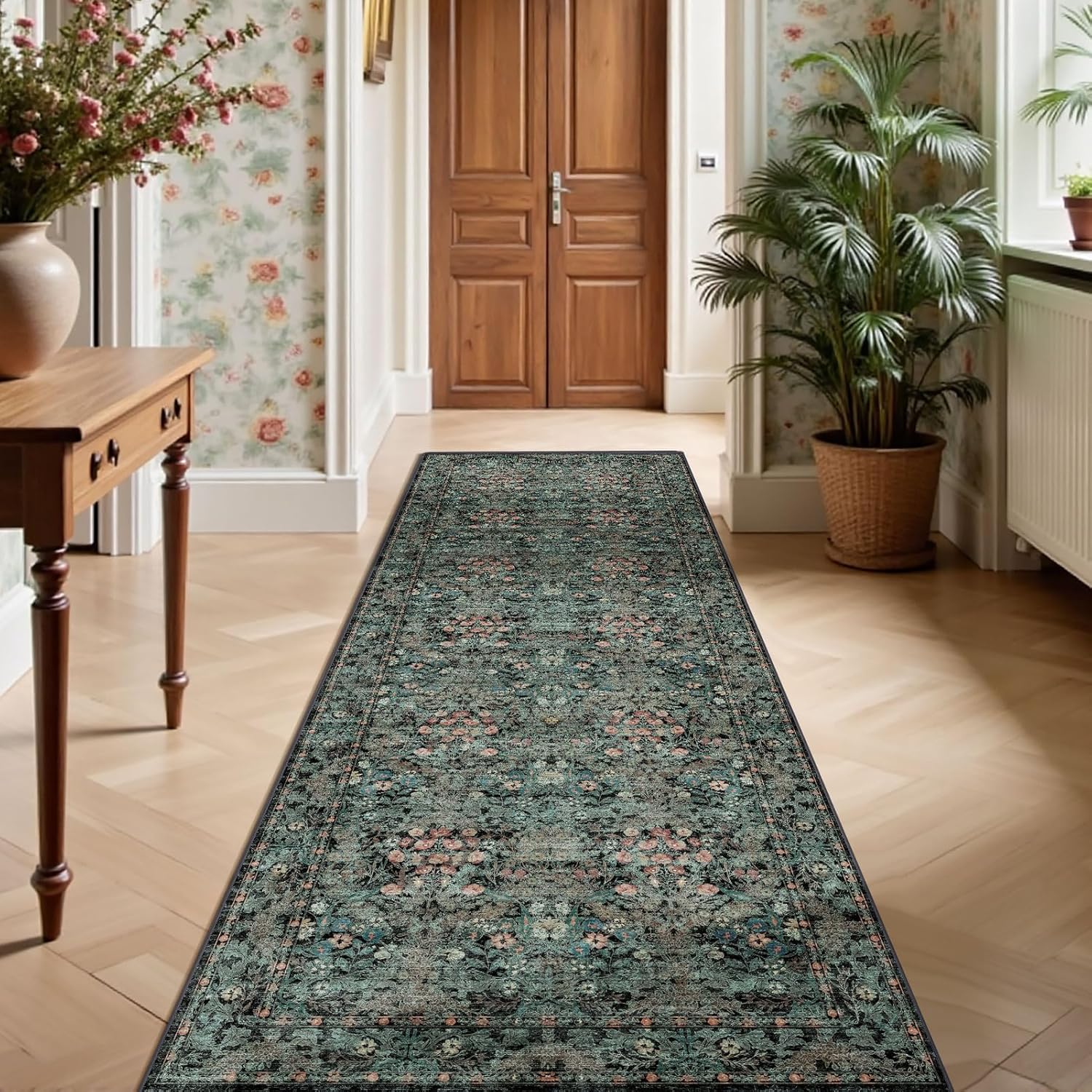 Lunasun Boho Dark Green Botanical 2x6 Washable Long Kitchen Runner Rug - Floral Throw Rug for Hallway, Bathroom, Indoor Entrance, Laundry, Bedroom - Soft Vintage Front Door Mat with Low Pile Non Skid