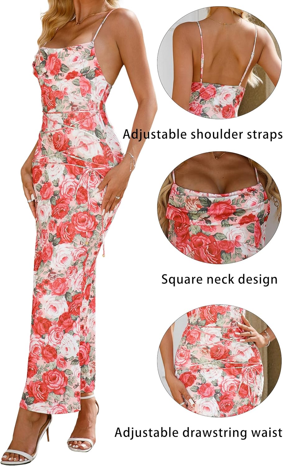 Women's 2026 Summer Sexy Print Maxi Dress Floral Square Neck Spaghetti Strap Bodycon Slip Long Dresses - Image 4