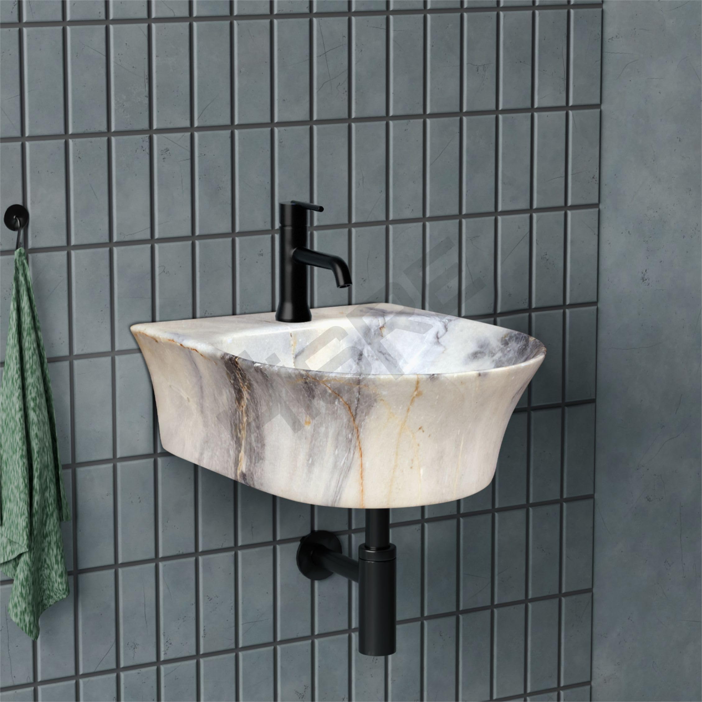 HISRE Wall Mount Wash Basin 13x14x5 Inch | Modern White and Grey-Blue Marble Design Ceramic Sink | Rectangular Bathroom Basin for Home, Office & Hotels, photo 2 of 5