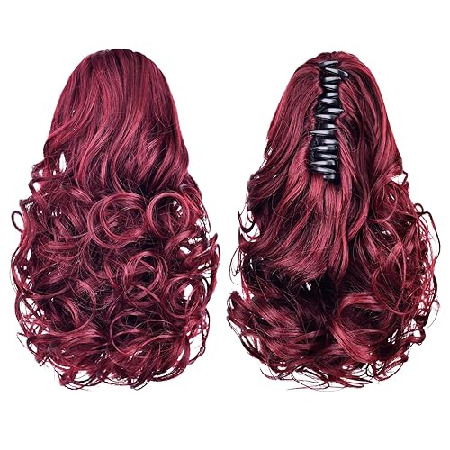 Miniatura 5 de SYXLCYGG - Cola de caballo color burdeos, extensiones de cola de caballo negras onduladas de 10 pulgadas, 3.5 onzas, pelo sintético como cabello