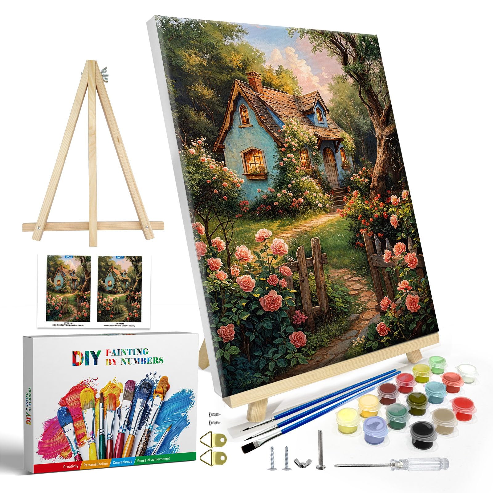 JOOZ Paint by Numbers Kit for Adults with Frame, House Paint by Number with Easel, DIY Flowers Oil Painting by Numbers Canvas, Landscape Adult Paint by Number Kits on Canvas for Wall Decor 8x12 Inch