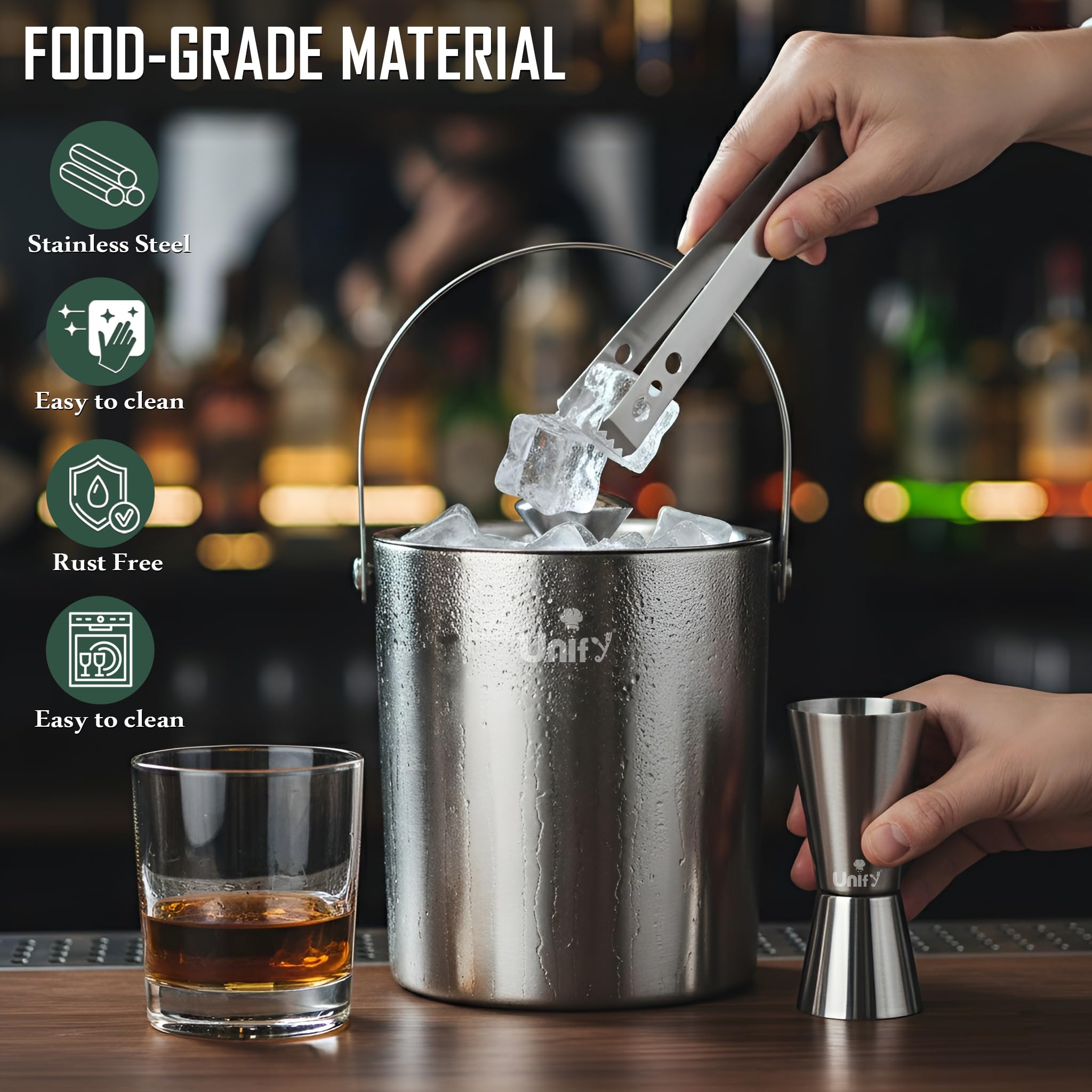 Unify 3 Pieces Stainless Steel Double Wall Ice Bucket Set (1 Litre) with Lid, Ice Tongs & 30/60 ml Peg Measurer | Insulated Ice Bucket for Home Bar, Parties & Cocktails, Bar Accessories — Amazon image 3