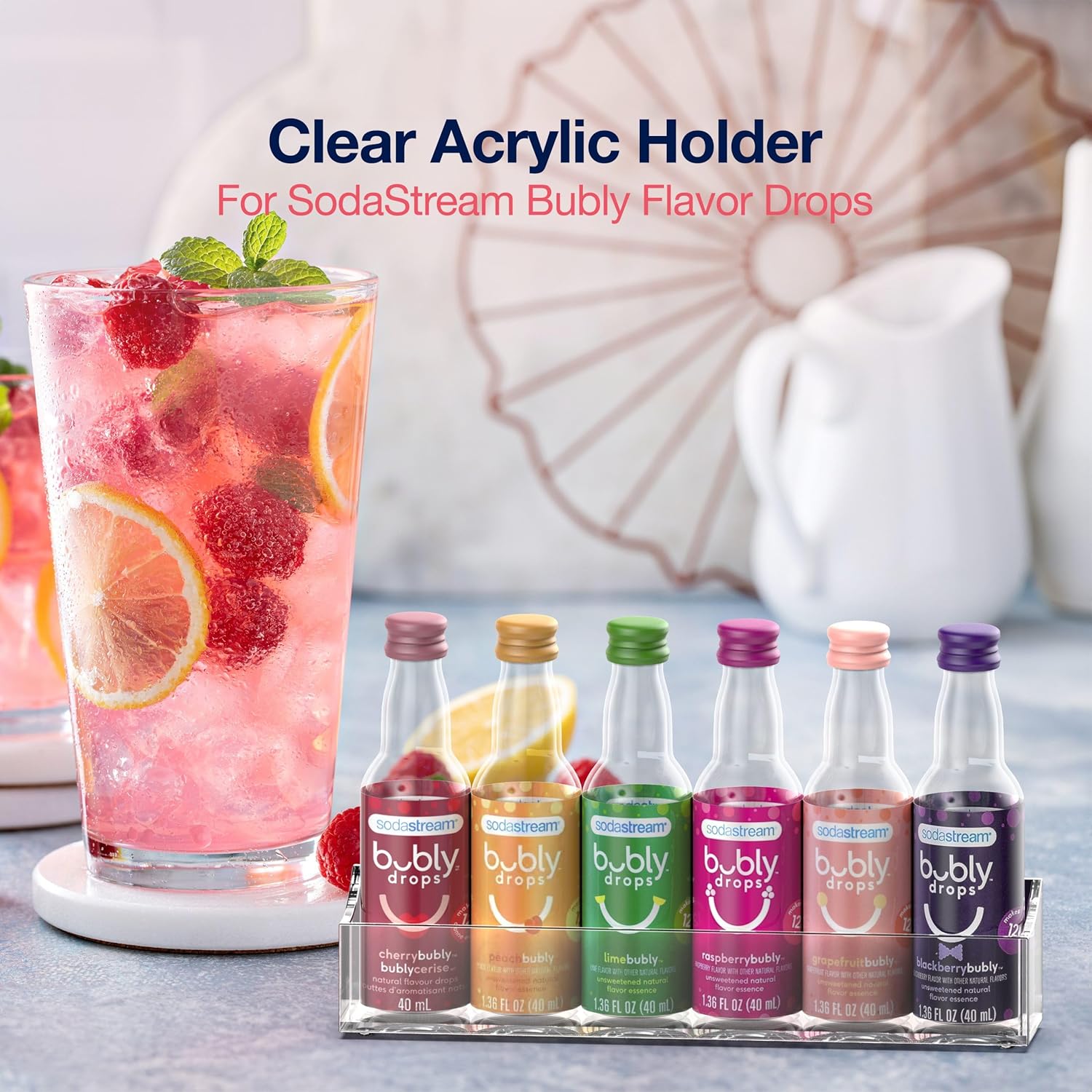 GALVANOX Acrylic Holder for SodaStream Bubly Drops - Countertop/Wall Mount Flavor Organizer (Displays 6 Bottles)