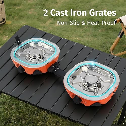 Miniatura 8 de INFOOD Estufa de Camping de Propano de 20,000 BTU – Estufa de Gas Portátil de 2 Quemadores con Control de Llama Ajustable, Encendido Piezoeléctrico,
