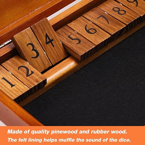 Miniatura 3 de Juego de dados Shut The Box con 12 números y tapa, juego de mesa clásico de madera con 4 dados, paquete de regalo y reglas de juego, juego de cierre