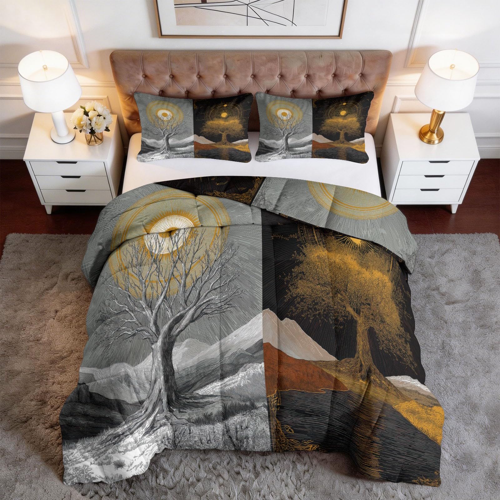 Piumone Invernale Matrimoniale 220 x 240 cm Fantasia Natura Alberi Secolari Trapunta in Ecopiuma 400 gr/mq, Caldo ed Elegante – Biancheria da Letto Anallergica e Traspirante – Set 3 Pezzi, Grigio