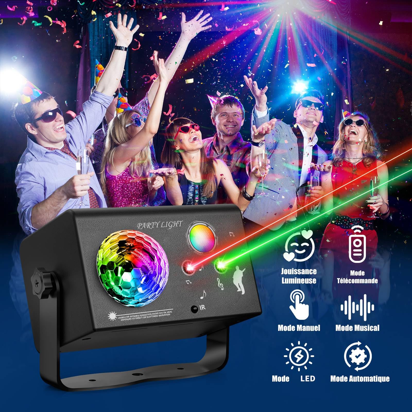 Jeux de Lumiere et Fête 3-en-1 avec Télécommande, Contrôle par Musique & Contrôle Vocal – Lumière Disco, LED RVB, Effet Boule Disco et 72 Motifs pour Fêtes, Clubs, Noël