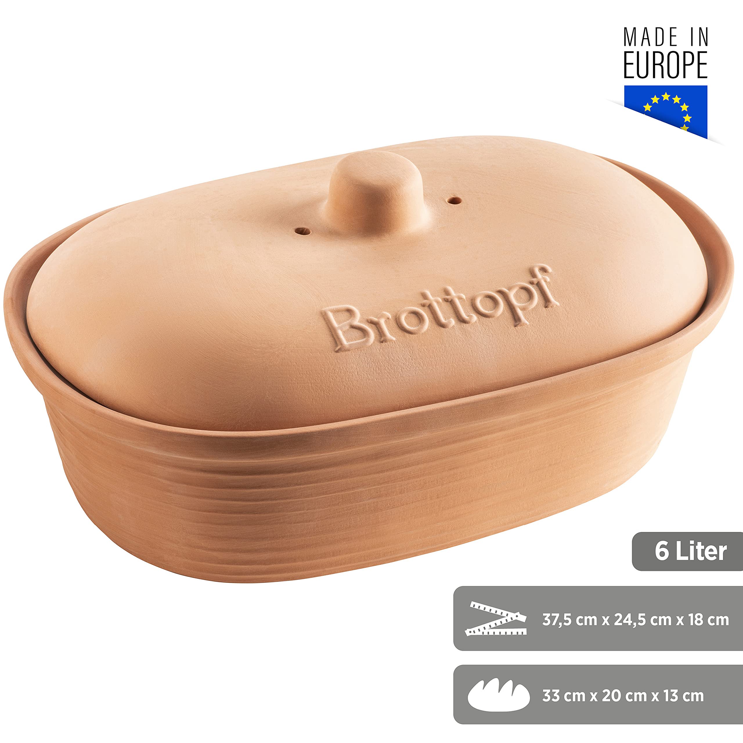 MÄSER 931996 Serie Ceramica Brottopf oval aus Naturton - Praktische Brotaufbewahrung - Brotbehälter mit Griff am Deckel - Brotkasten Ton unglasiert - atmungsaktiver Tontopf für Brot, Keramik, Braun