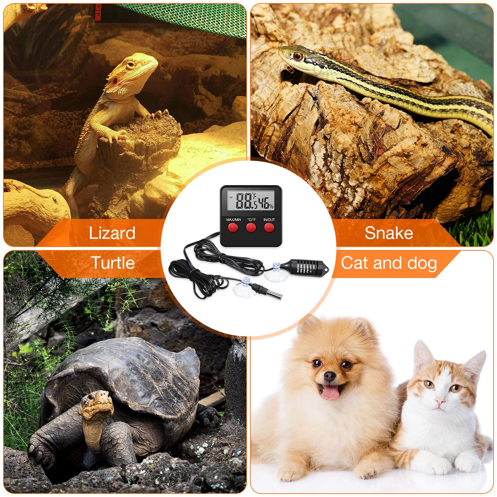 Weewooday Lot de 4 thermomètres et hygromètres pour reptiles et terrariums avec sondes pour intérieur et extérieur