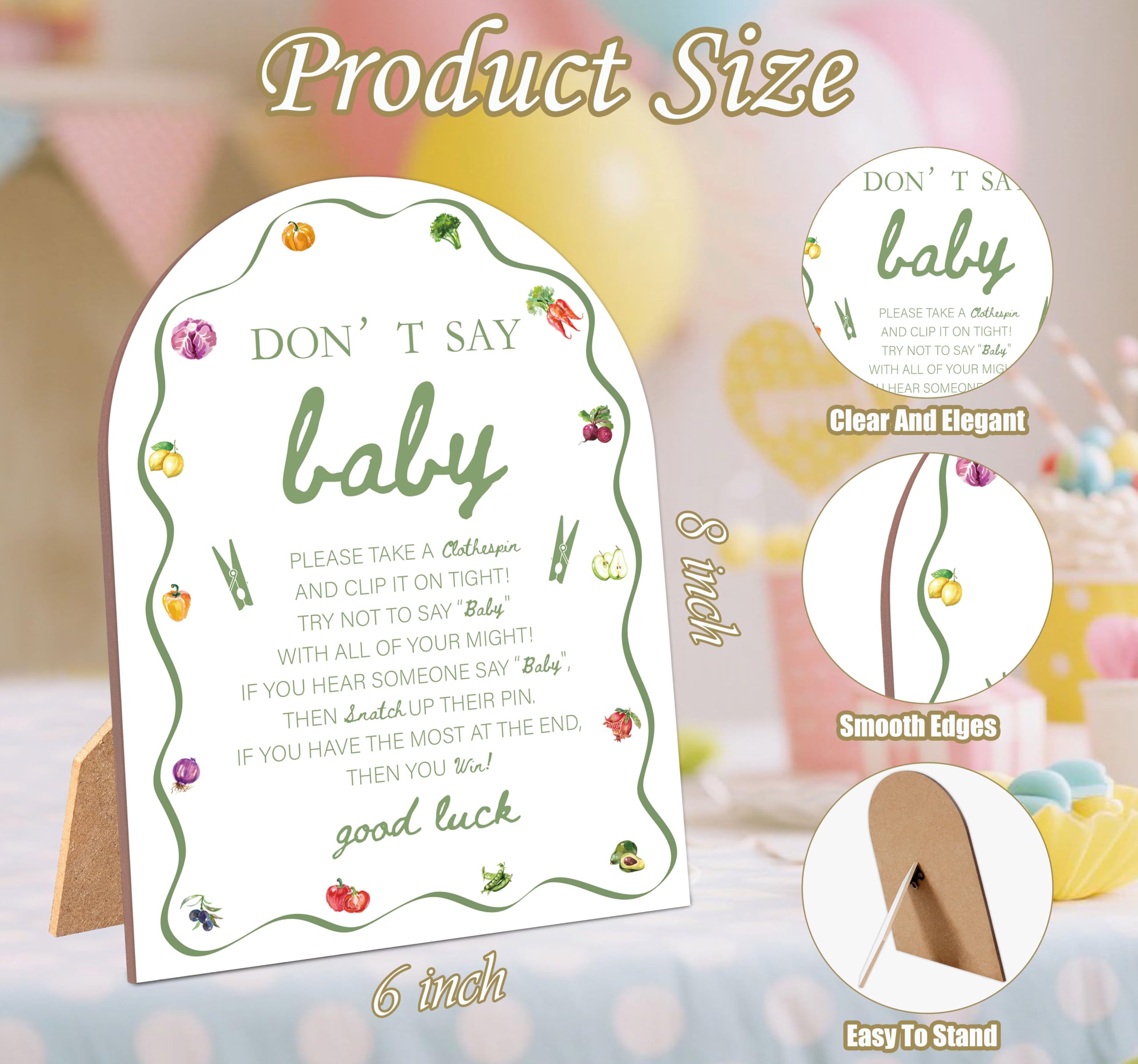 MG07 MG07 51 szt. lokalnie uprawiane "Don't Say Baby" Clothespin Game, Farmers Market Baby Shower, drewniany znak 15 x 20 cm ze stojakiem i 50 mini spinaczami do bielizny, neutralna pod względem płci