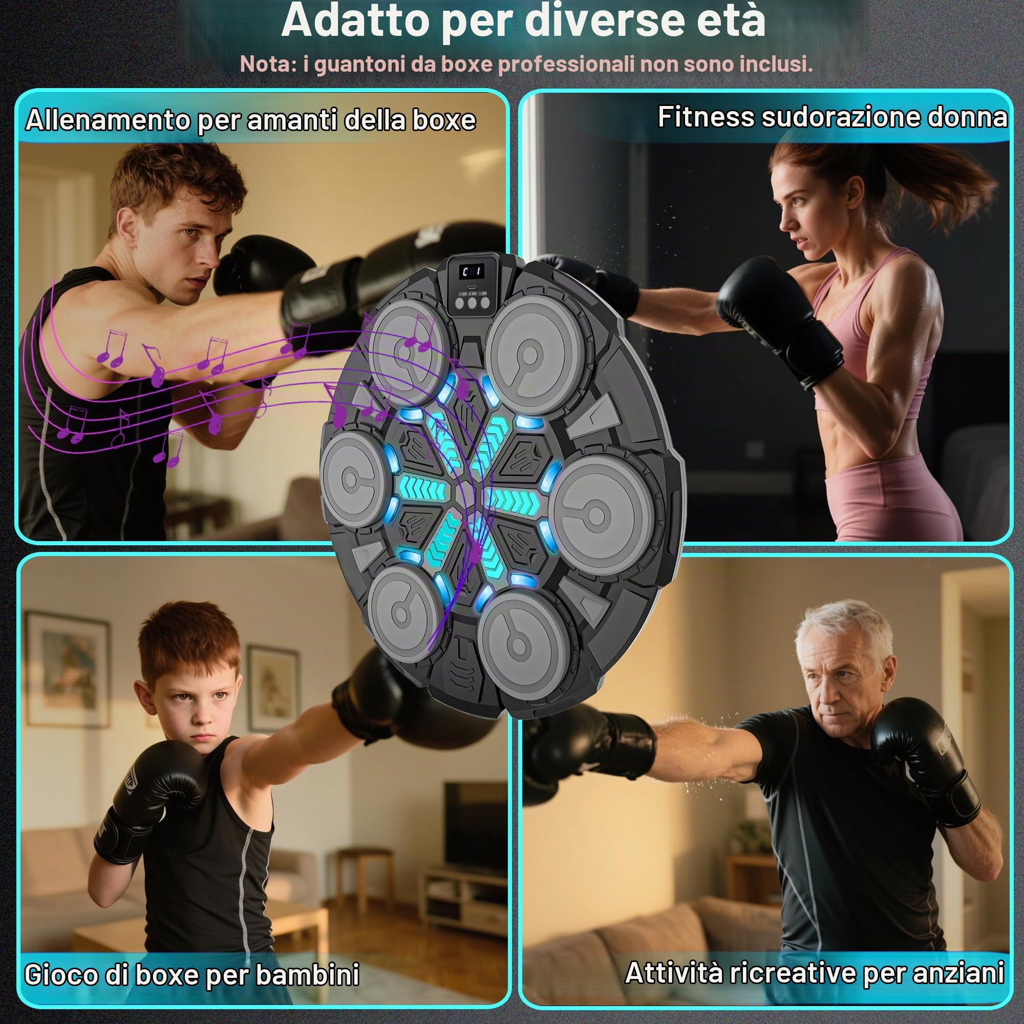 Macchina da Boxe Musicale per Adulti e Bambini, Attrezzatura Intelligente per Allenamento di Boxe, con Bluetooth, da Parete, Bersaglio, Giocattoli Sportivi per Bambini, con guantoni da Boxe