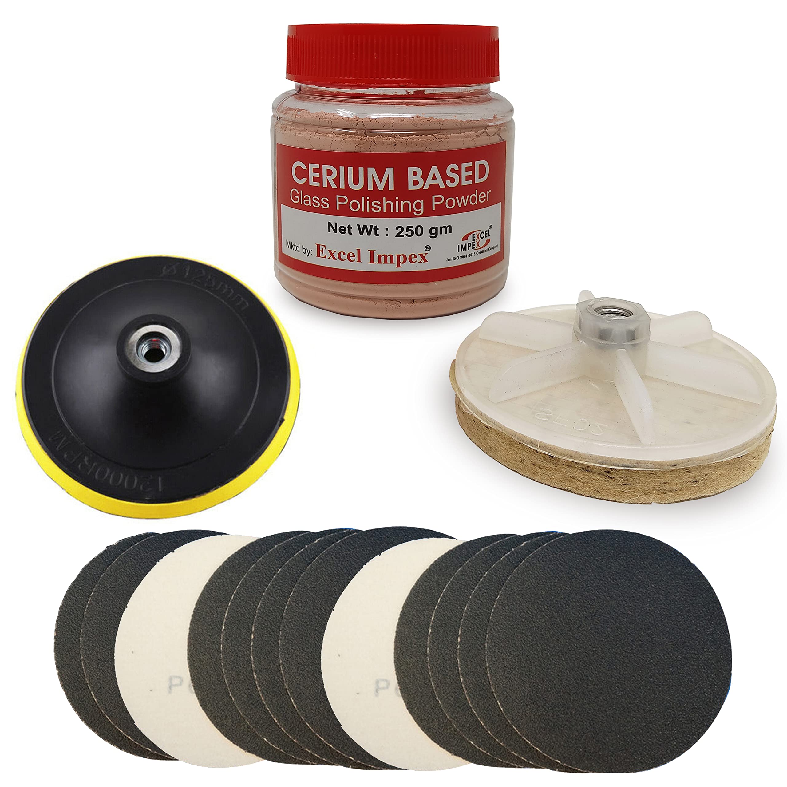 Excel Impex Glass Polishing Kit with 120, 240, 400 & 600 Grit Sanding Pads, Velcro Backup Pad, Cerium Oxide 250 Glass Polishing Powder and Polishing Felt Disc for Polishing Glass (B0BQYHWPVS) Amazon Price History, Amazon Price Tracker