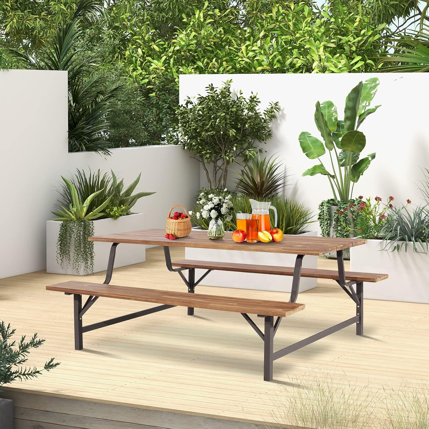 Tangkula Wood Picnic Table, Outdoor Acacia Wood Picnic Table Bench Set with 2 Built-in Benches, 2-Inch Umbrella Hole, Heavy-Duty Metal Frame, Outside Table and Bench Set for Backyard, Porch, Patio