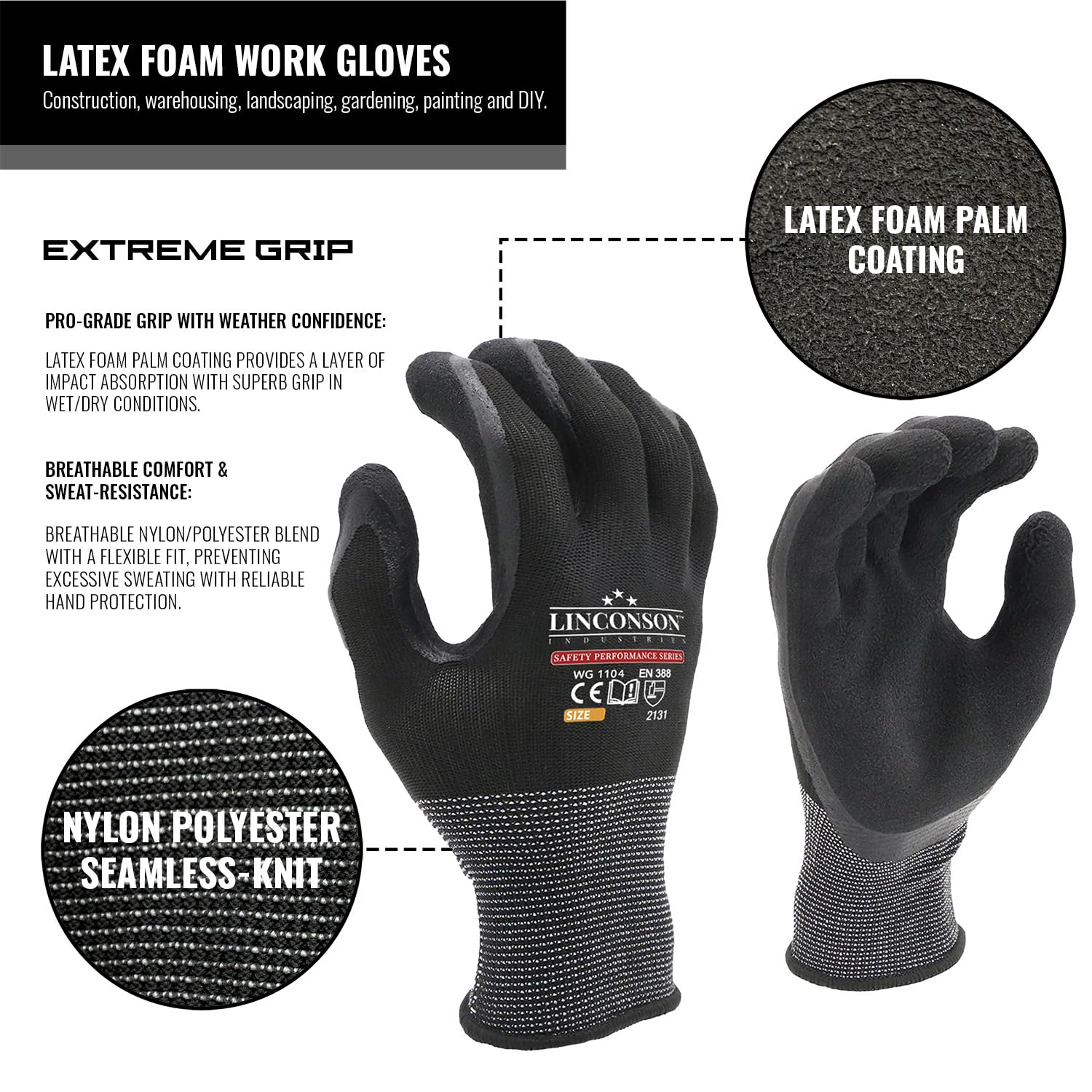 LINCONSON 12 Pack Safety Performance Series Construction Mechanics Work Gloves - 3