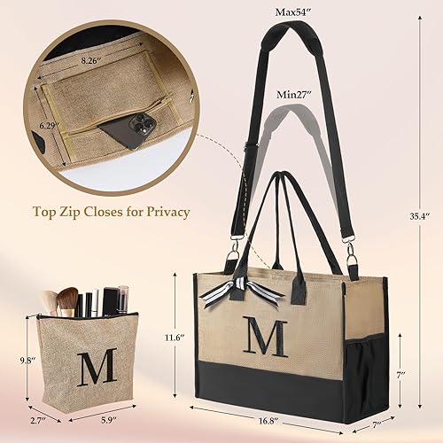 Miniatura 2 de Regalos personalizados de 50 cumpleaños para mujeres, bolsa de mano inicial con bolsa de maquillaje, bolsas de playa bordadas de yute, regalos de