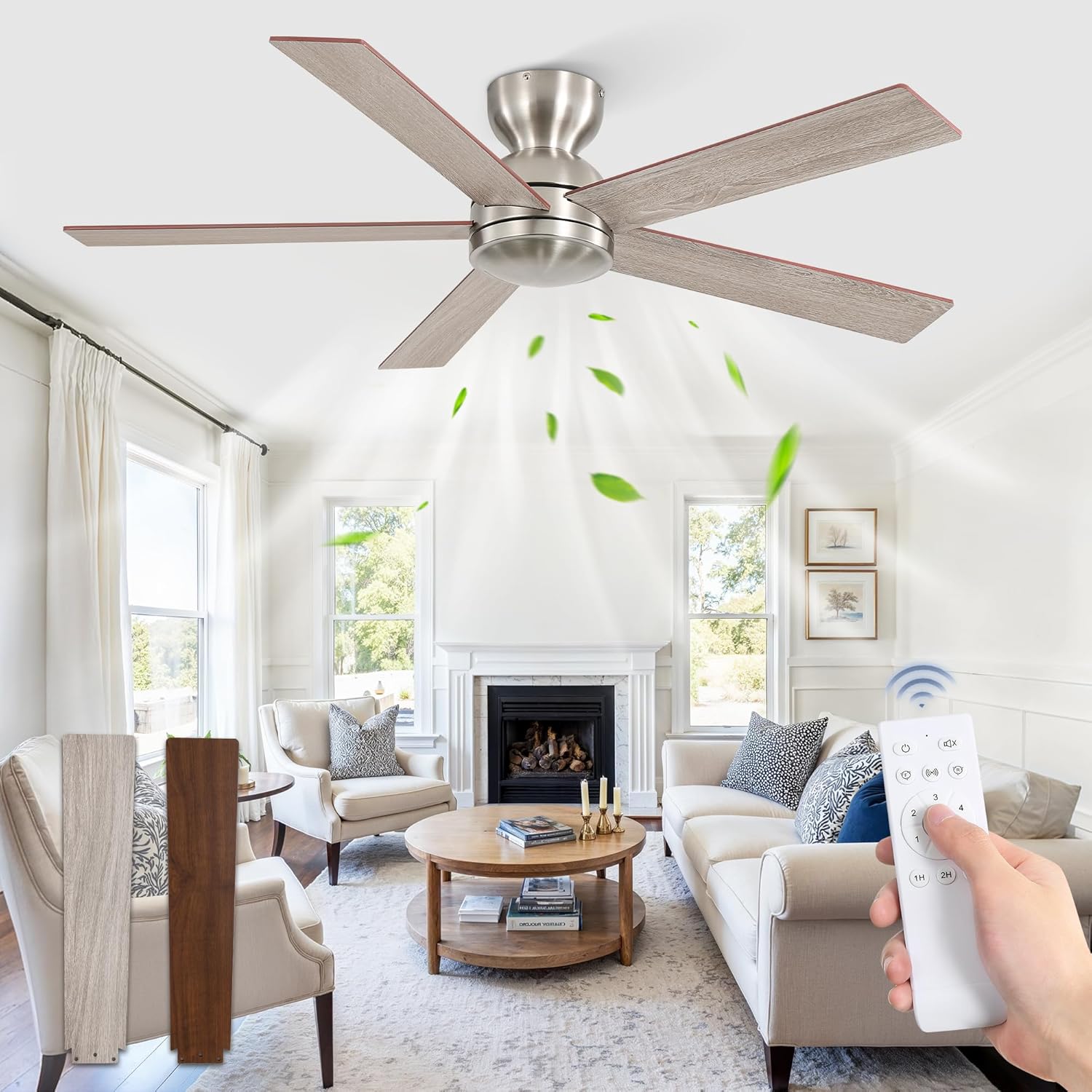 48 Inch Flush Mount Ceiling Fans without Lights, Brushed Nickel Modern Ceiling Fan no Lights, 6-Speeds, Quiet Reversible DC Motor, Indoor/Outdoor Ceiling Fans for Patios, Living Room, Bedroom 48 Inch Brushed Nickel 1