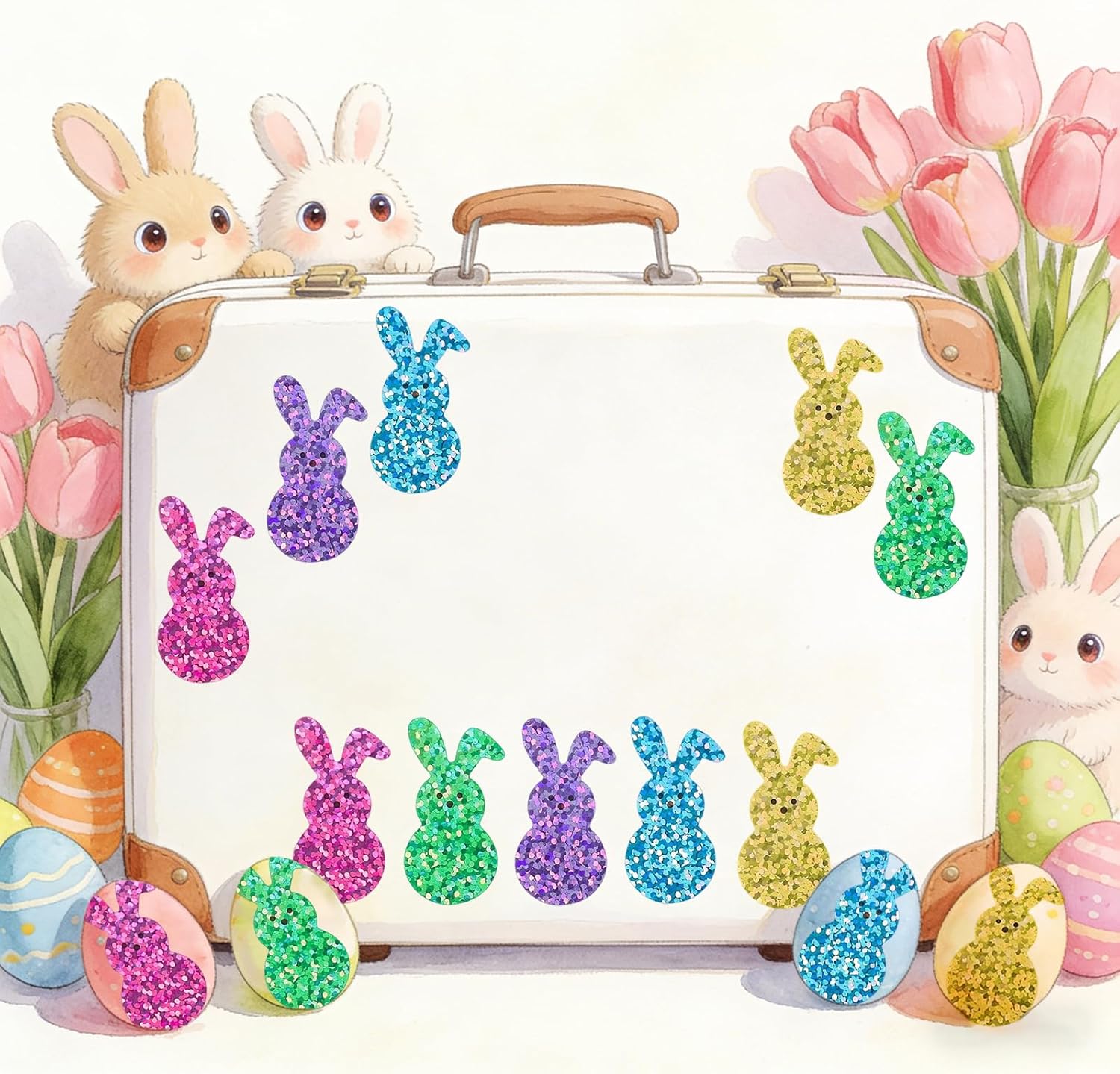 500Pcs Bling Sparkly Easter Bunny Stickers Roll, 1.5inch 1 Roll of 5 Colors Rabbit Stickers for Kids, Cute Sticker Rolls, Easter Waterproof Self-Adhesive Decals for Envelope Scrapbook Holiday Decor