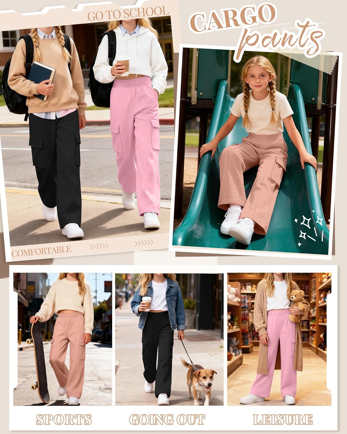 3 Pack Girls Wide Leg Sweatpants Cargo Pants High Waisted Baggy Causal Loose Kids Elastic Waistband Pants Joggers - Image 6