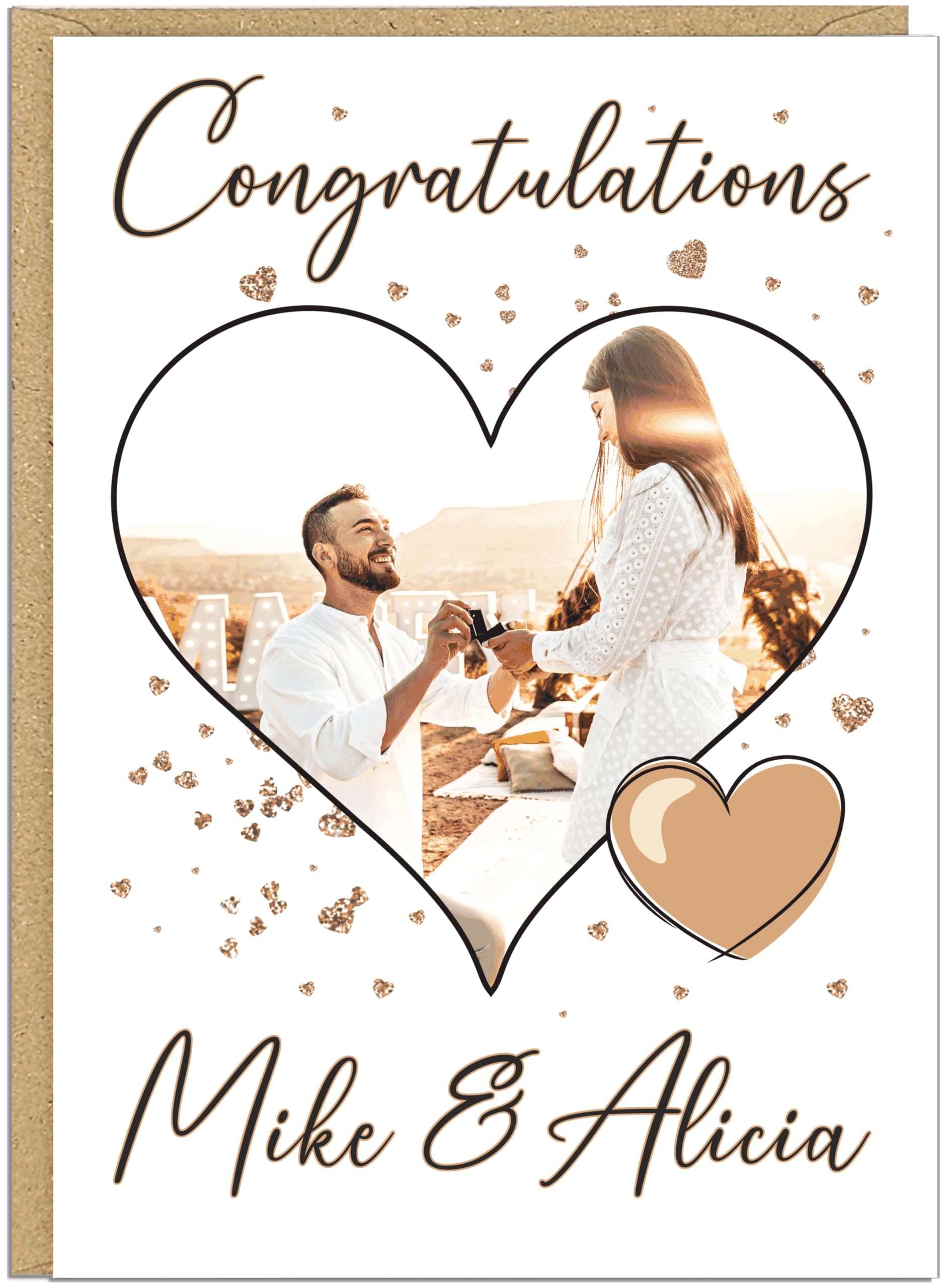 Couples Personalised Engagement Photo Cards - Colour Choice and Own Text Custom Heart Photo Upload Congratulations Card - For Him For Her Celebration Keepsake Engaged Gift, Beige