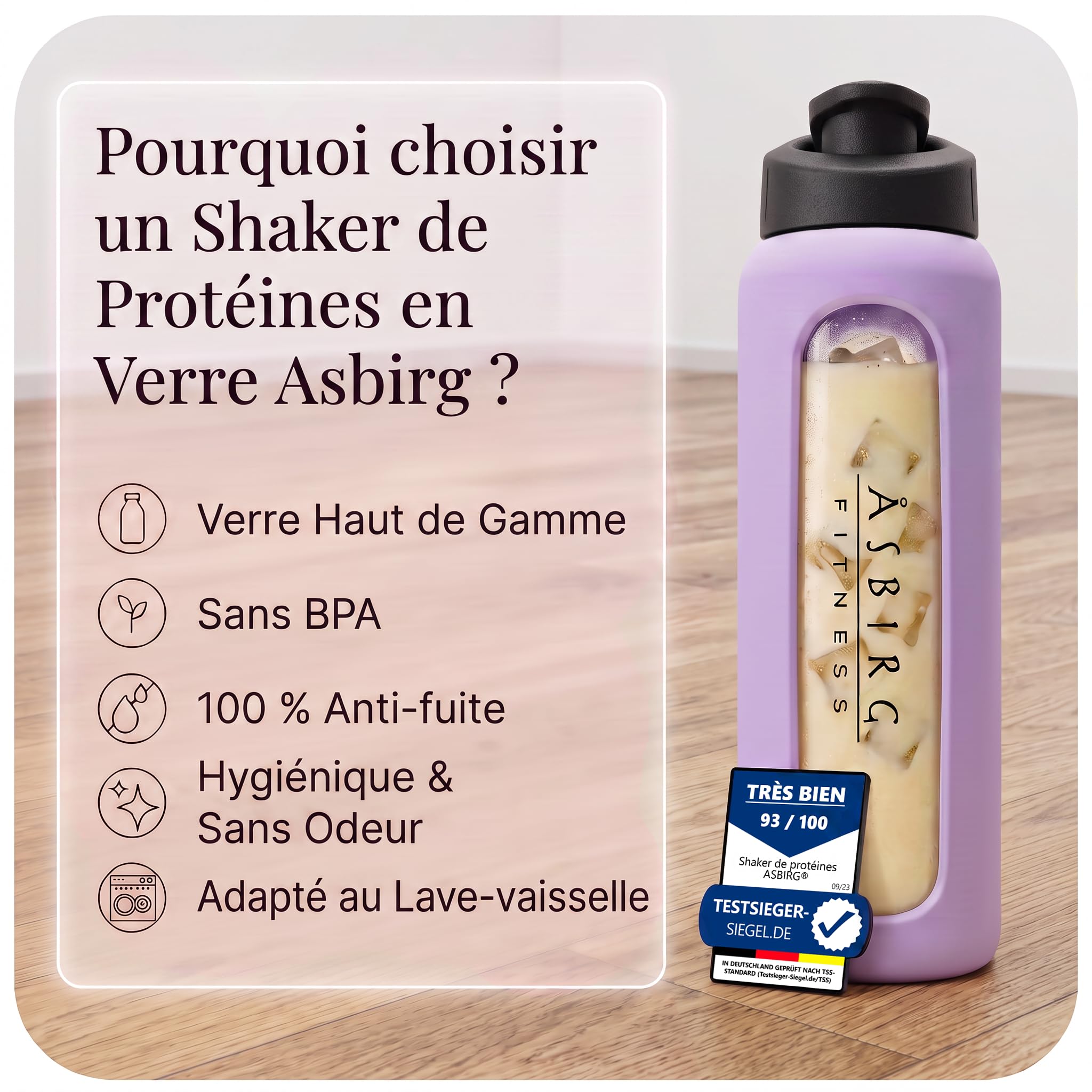 Lot de 3 Shakers Protéinés en Verre – 700ml avec Bille Mélangeuse Spiralée – Pastel Lilas, Vert et Beige – Sans BPA, Étanche, Idéal Fitness & Musculation