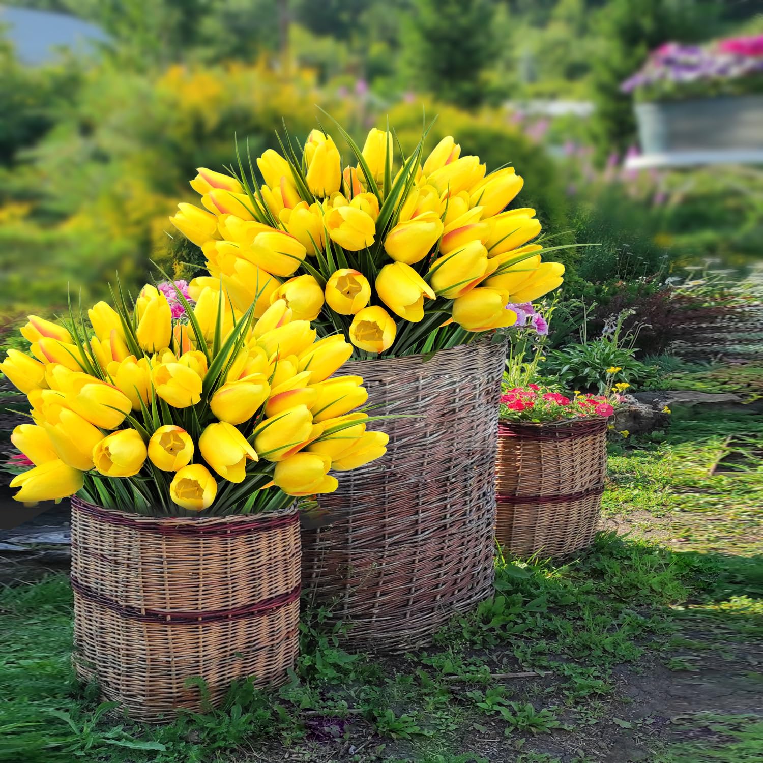 Künstliche Tulpen, UV-beständig, 4 Bündel, 10 Köpfe, Seide, Tulpen, Kunstkunststoff, Grünpflanzen, Blume für Zuhause, Außenbereich, Garten, Veranda, Fenster, Pflanzgefäße, Dekoration (gelb)