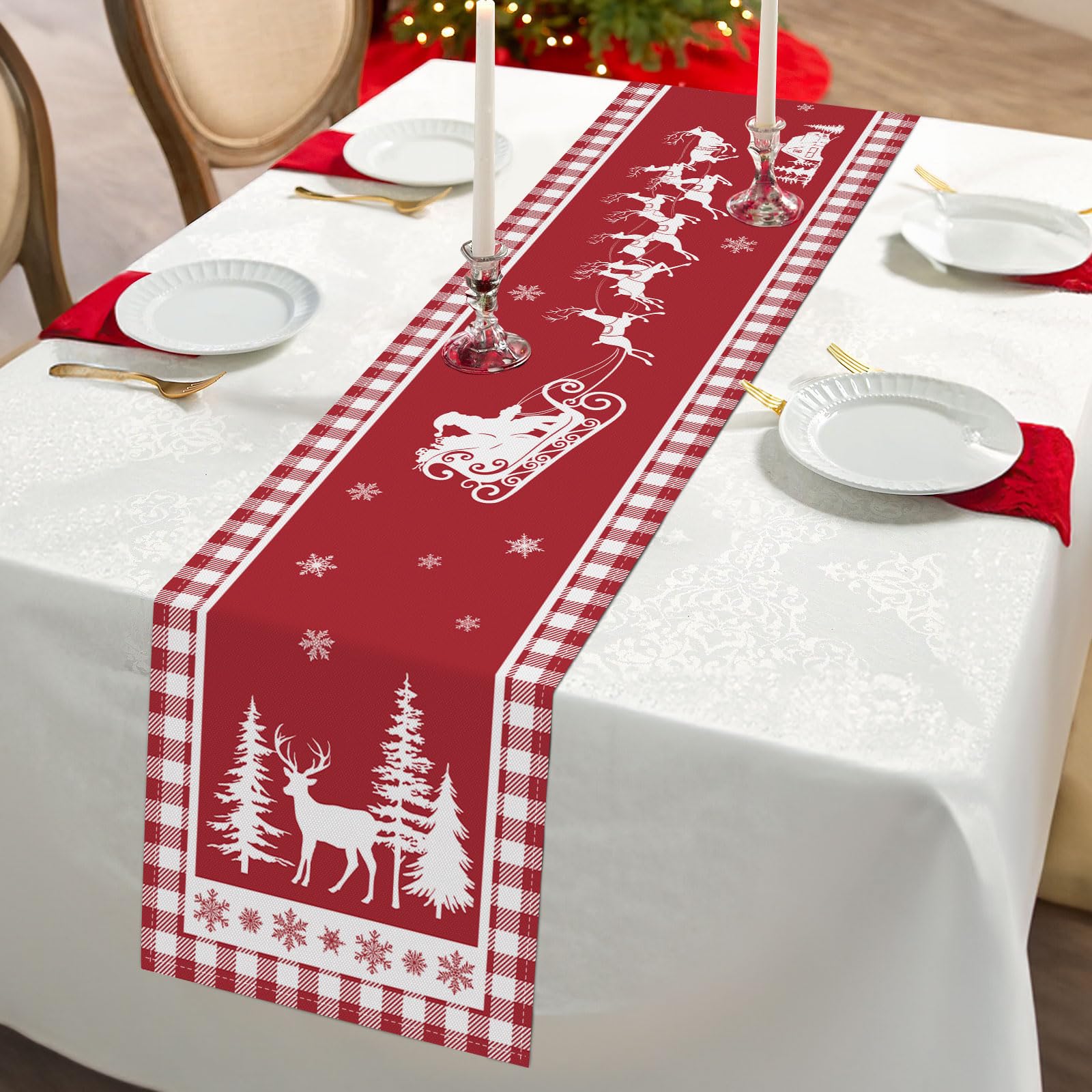 Bonhause Christmas Deer Pine Tree Table Runner 13x90 Inch Red White Buffalo Plaid Seasonal Winter Holiday Kitchen Dining Table Decoration for Indoor Outdoor Home Party Decor