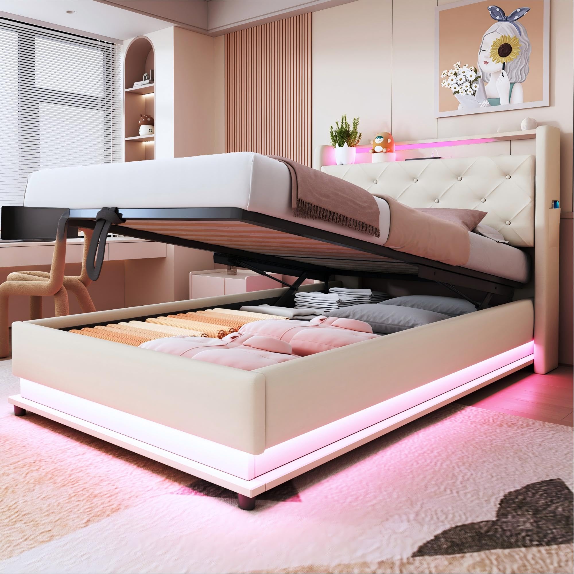 Cama Tapizada Cama Infantil 90x200 cm con Luz LED y USB, Camas Juveniles Individual con Cabecero Reversible y Almacenamiento Hidráulico, Estructura Camas Individuales, Lino, Sin Colchón, Beige