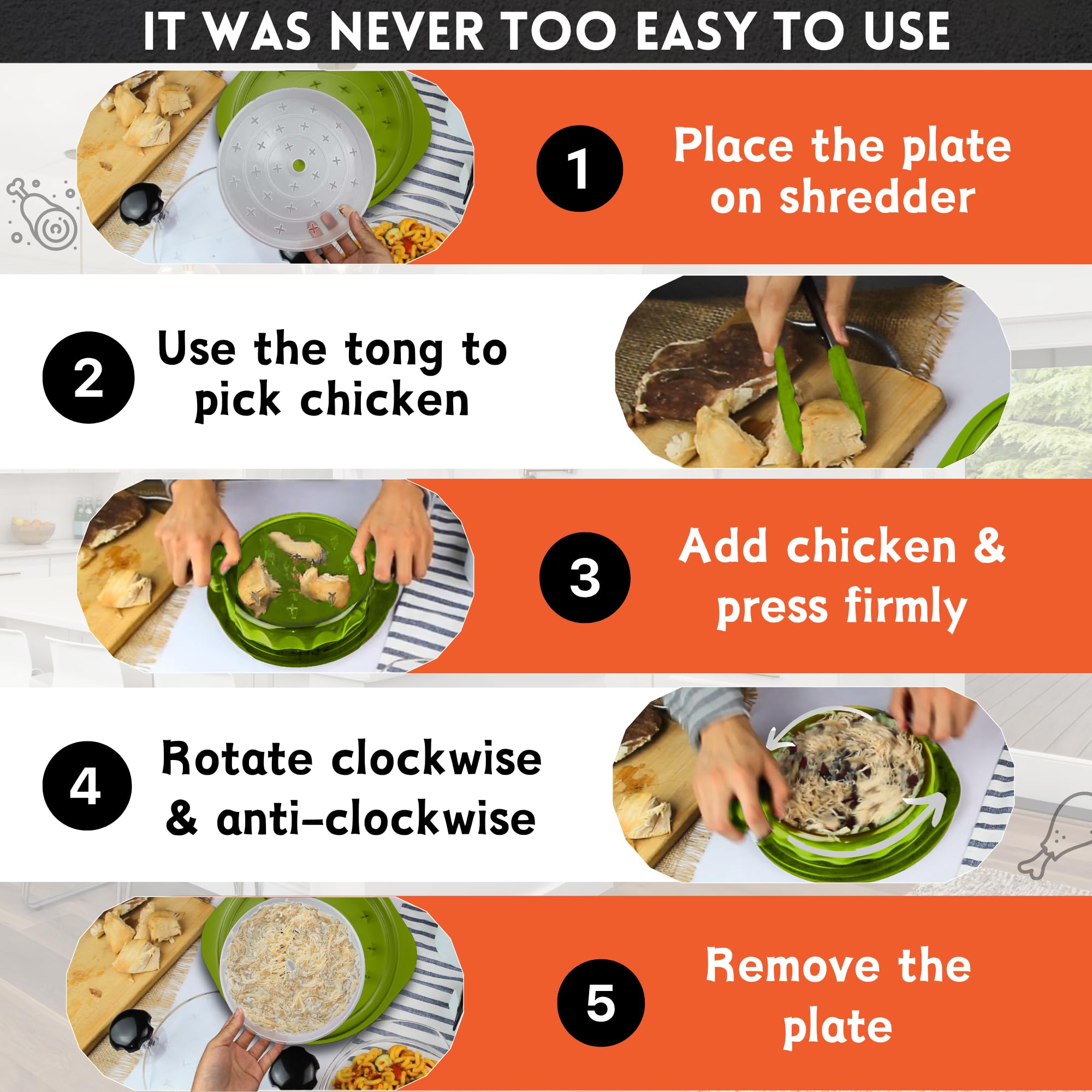 Trituradora de pollo grande – Trituradora de carne antideslizante de 10.2 pulgadas con bandeja extraíble para facilitar la trituración, sin BPA, apta para lavavajillas, resistente al calor, con mango