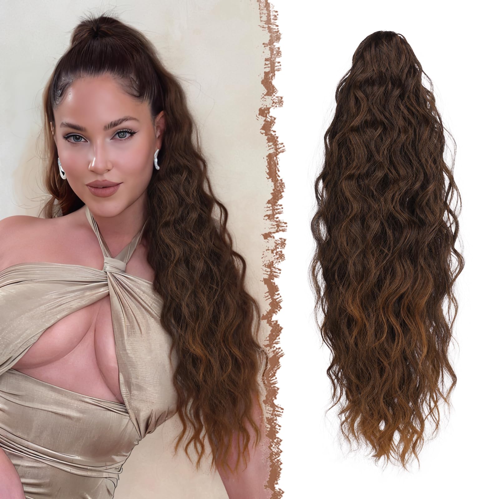 FESHFEN Claw Clip Ponytail Extensions, Long Pony Tail Hair Piece Wavy Curly Synthetic Hairpieces for Women Black to Auburn 26 inch
