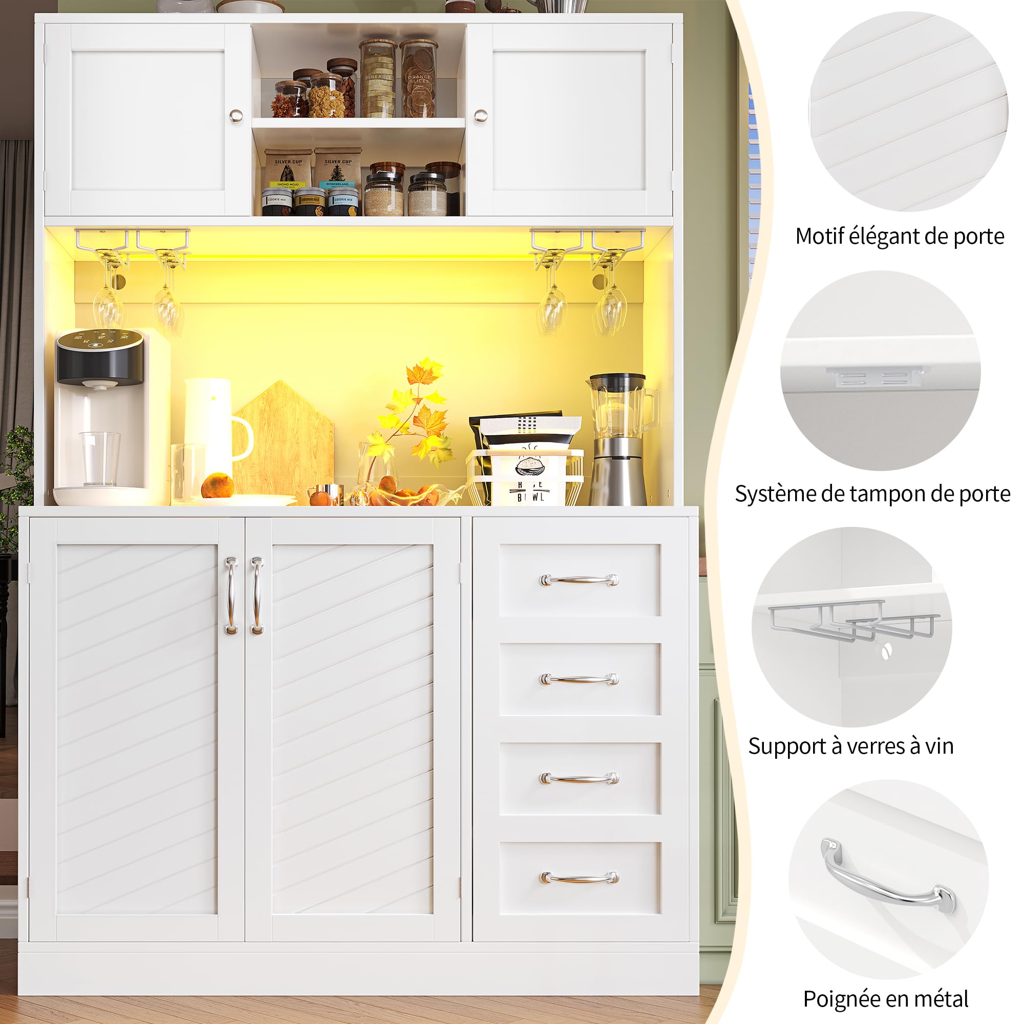 Armadietto da cucina, 120 x 40 x 188 cm, con illuminazione a LED, porta snack e porta bevande, 4 ante e 2 cassetti grandi, verde/nero/bianco
