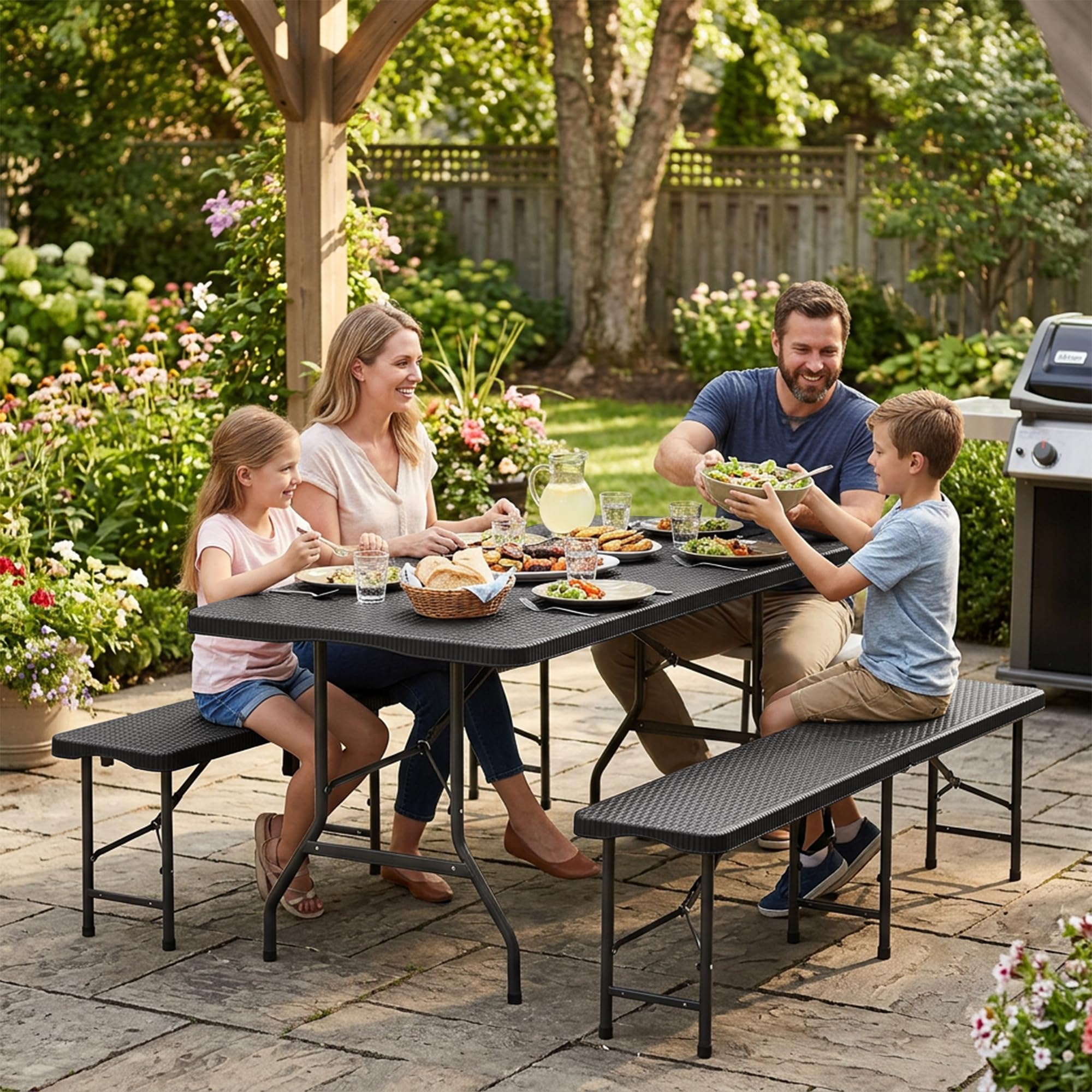Thanaddo Buffettisch Gartentisch Bierzeltgarnitur Tisch, klappbar 3-teilig Set, 180x74 cm Kunststoff Campingtisch, Rattan-Look für bis zu 8 Personen, robuste wetterfest Biertisch Set, Anthrazit