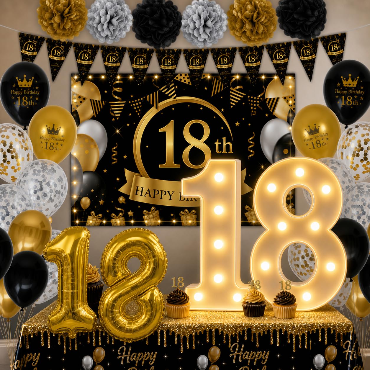 18th Birthday Decoration Boy Girl, Black Gold Balloons, Banner, Triangle Bunting, Cake Topper, Happy 18th Bday Decorations Banners Tablecover, 18 Year Old Bday Gifts Party Supplies — image 1