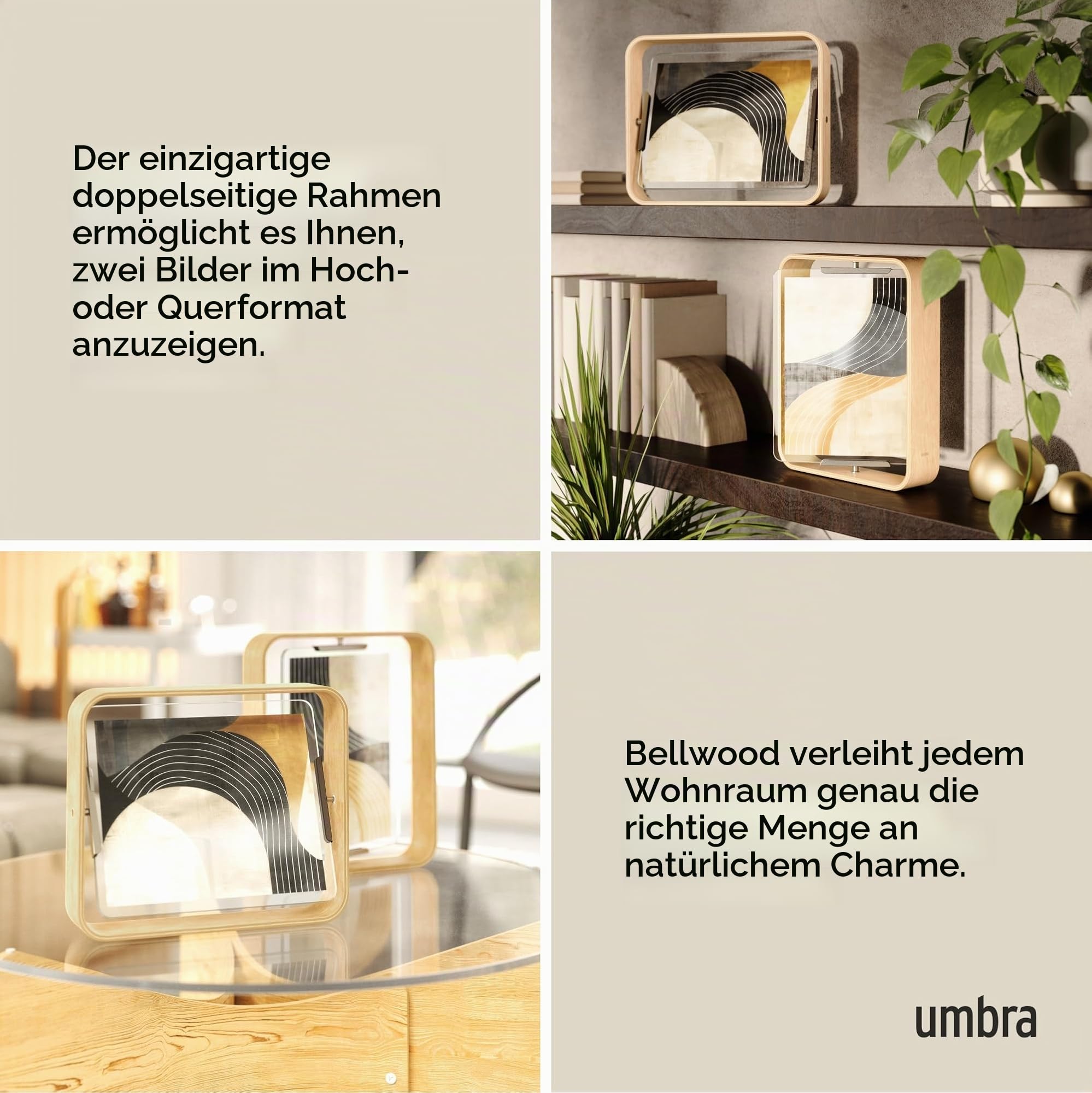 Umbra Bellwood Tischbilderrahmen 20x25 cm mit gebogenem Holzrand und beidseitig drehbarem Display, Natur