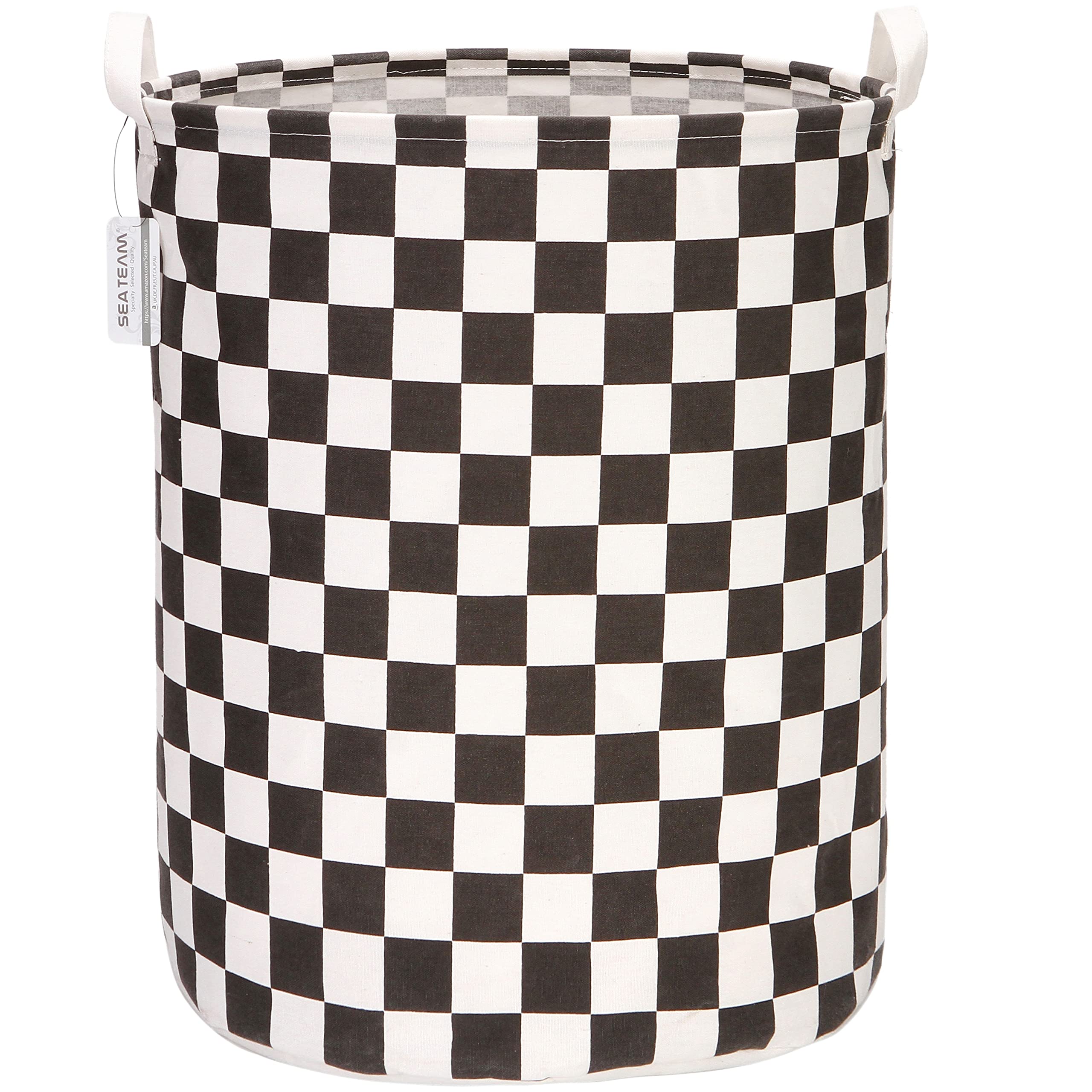 Sea Team 19.7 Inch Large Sized Waterproof Coating Ramie Cotton Fabric Folding Laundry Hamper Bucket Cylindric Burlap Canvas Storage Basket with Stylish Grid Pink Design — view 21