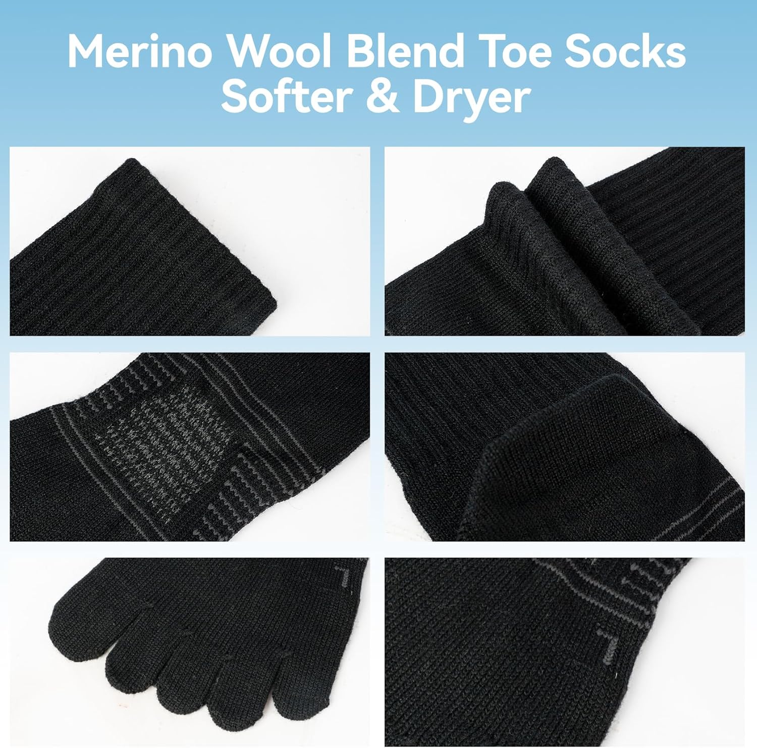 Merino Wool Blend Toe Socks for Men Women, Lightweight Moisture Wicking Thin Socks, 3 Pairs