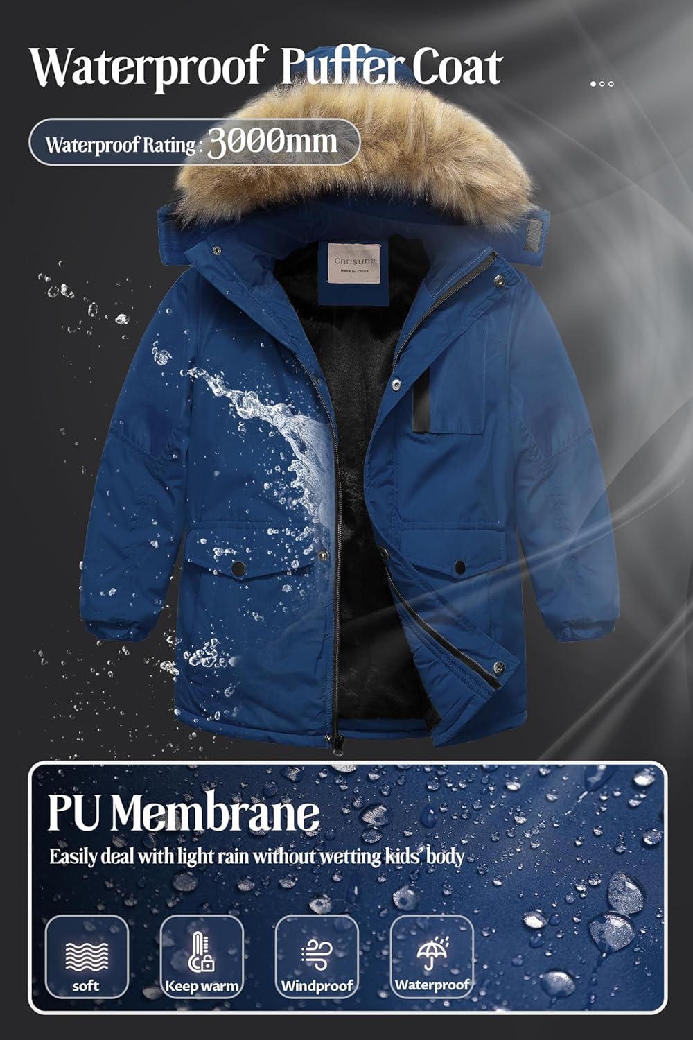 Chrisuno Boy's Med-length Parka Winter Coat Waterproof Outwear Ski Snow Jackets Thick Padded Insulated Windbreaker - Image 4