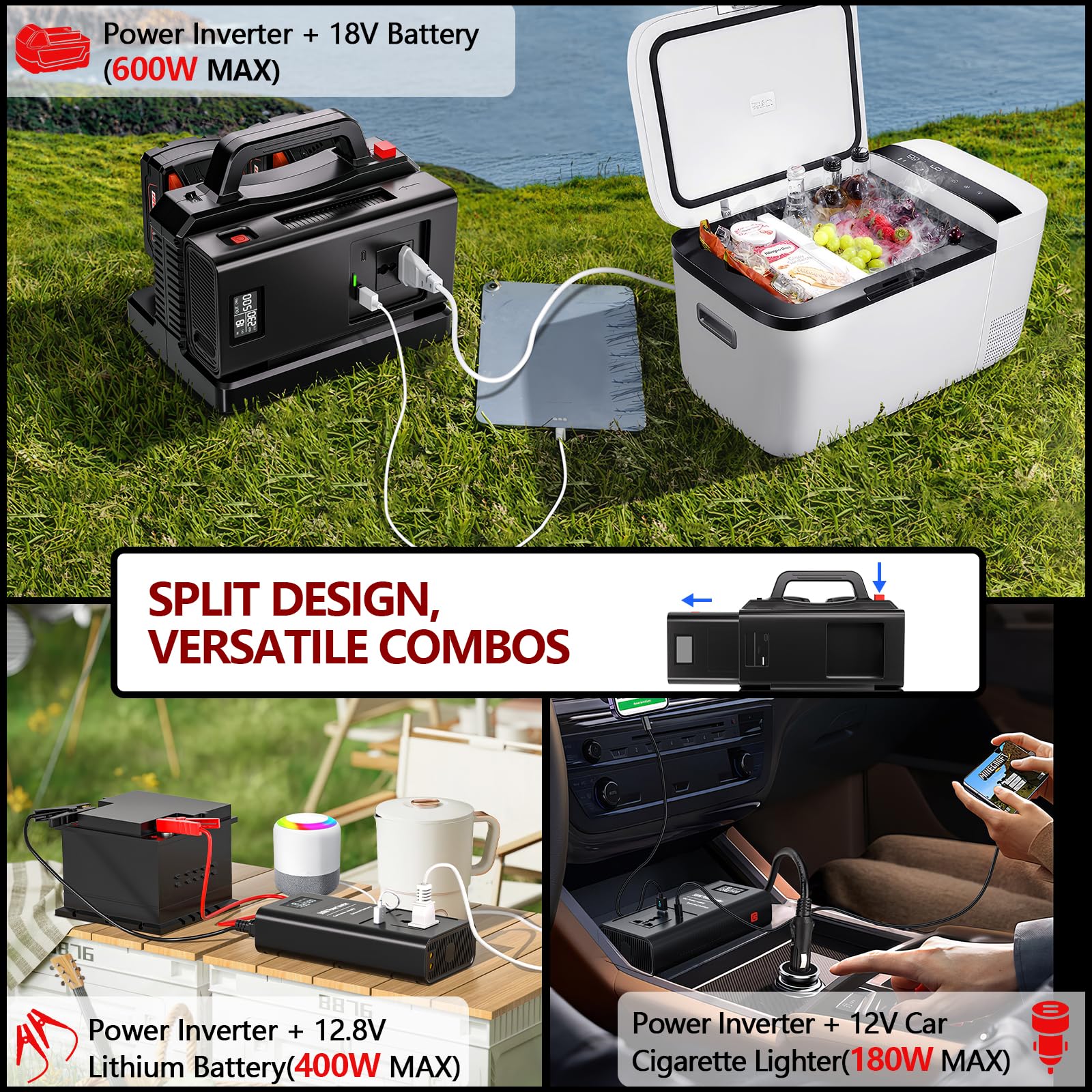 Adisipsoarin 500W Wechselrichter mit Reiner Sinuswelle für Milwaukee M18 18V Batterie (ohne Batterie), 18V auf 230V Spannungswandler, mit Dual-USB-Anschluss und EU-Steckdosen, Inverter (2-Ports)