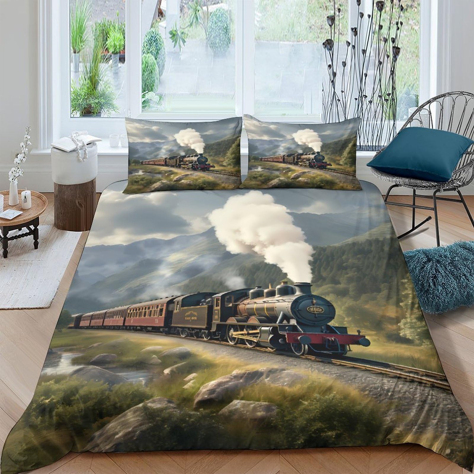 Ctjqhvkz Style-2 3D Printed Steam Train Scenic Fitted Sheet Microfiber Bed Cover Railway Sunset Bedroom Dorm Decor Easy Care Single（135X200cm）